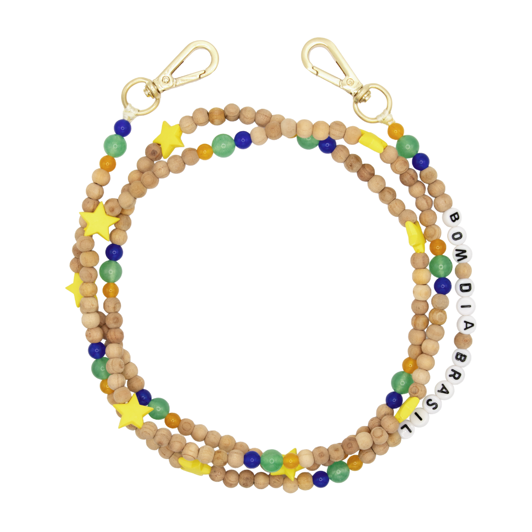 Bandoulière en perles de bois avec deux mousquetons dorés