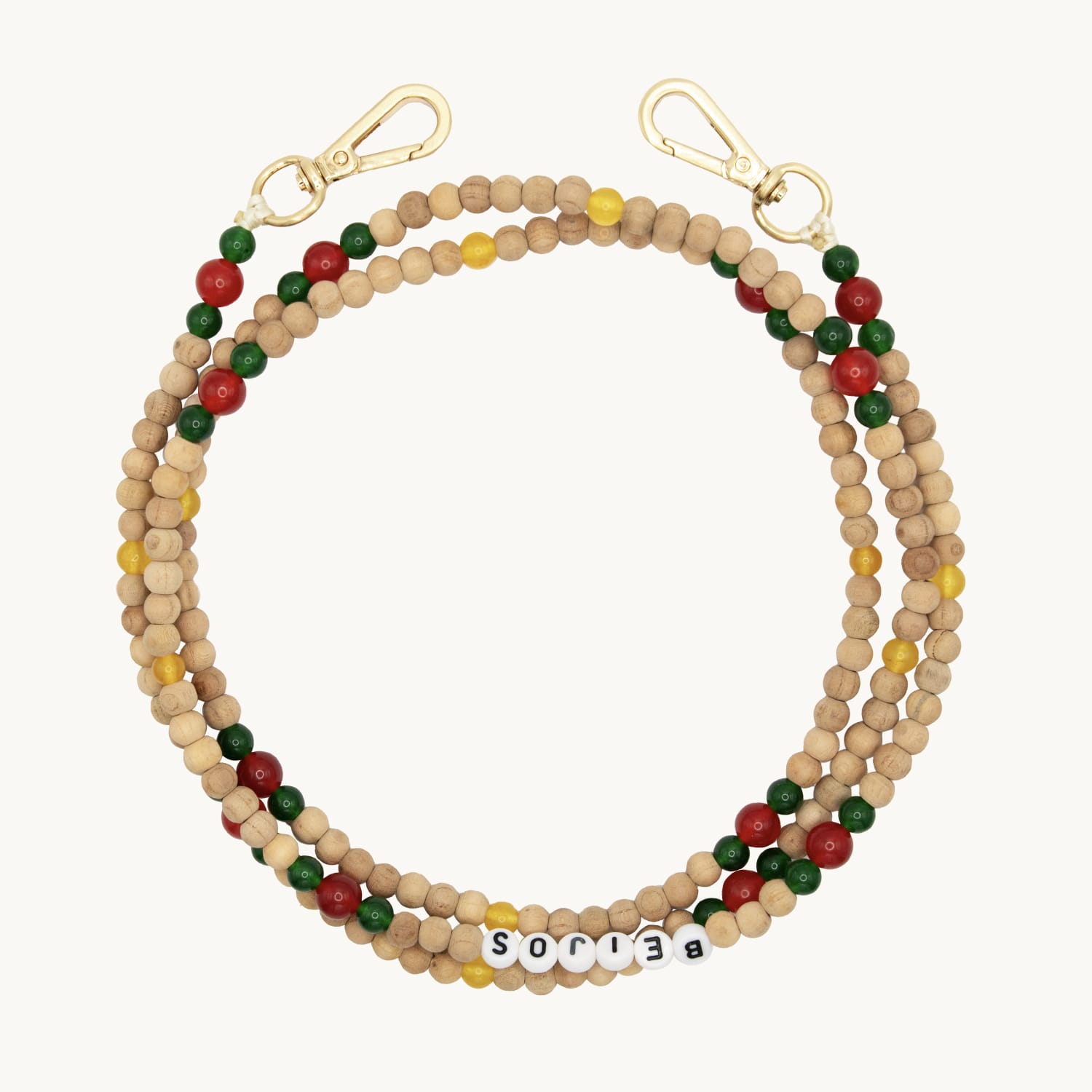 Bandoulière en perles de bois avec deux mousquetons dorés