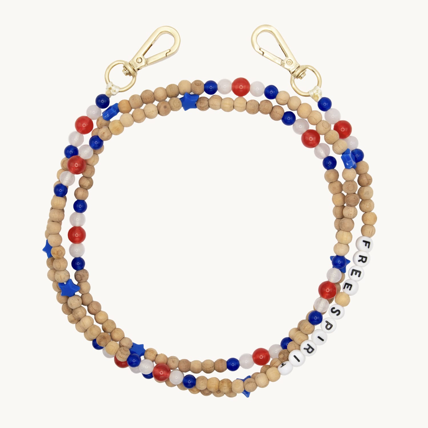 Bandoulière en perles de bois avec deux mousquetons dorés