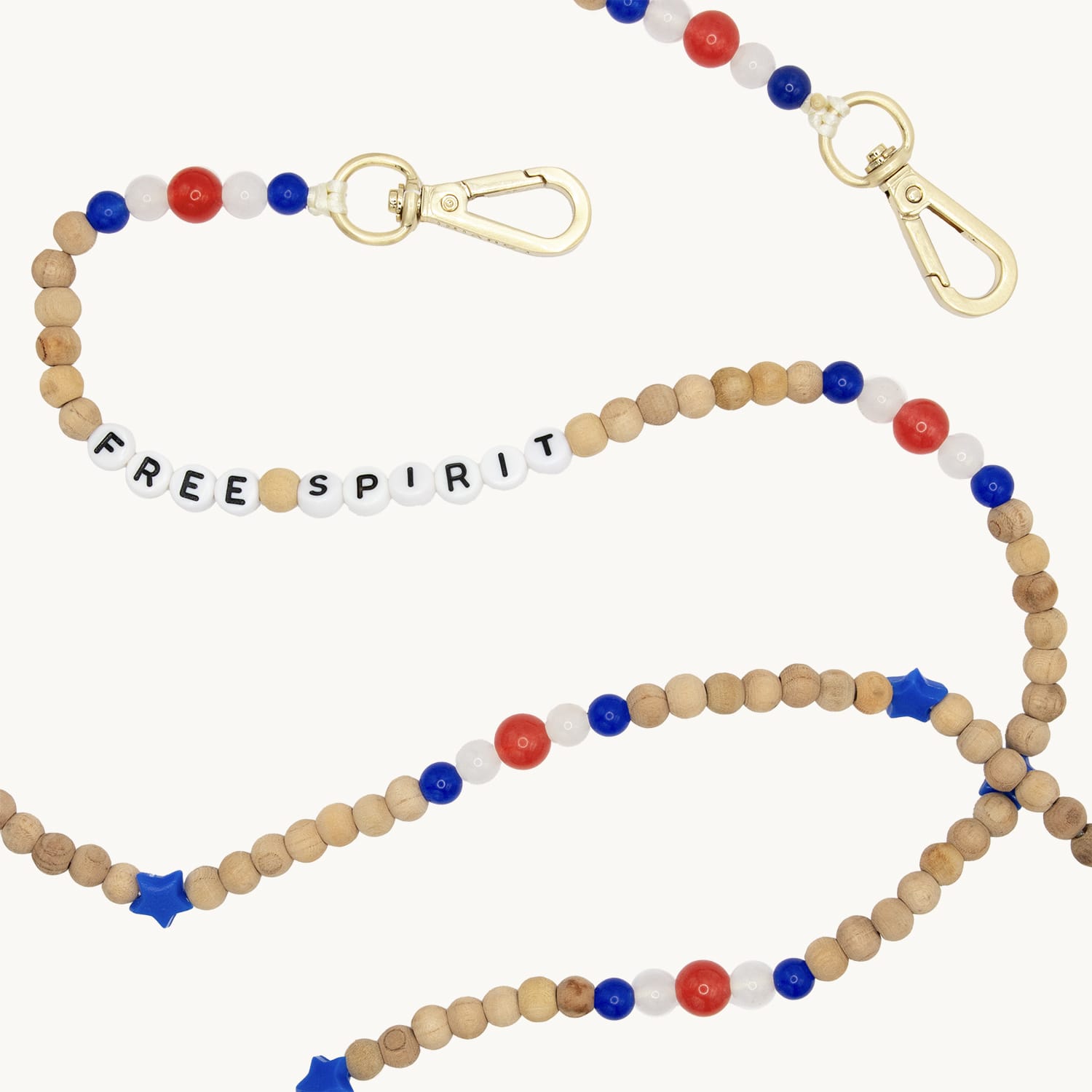 Bandoulière en perles de bois avec deux mousquetons dorés