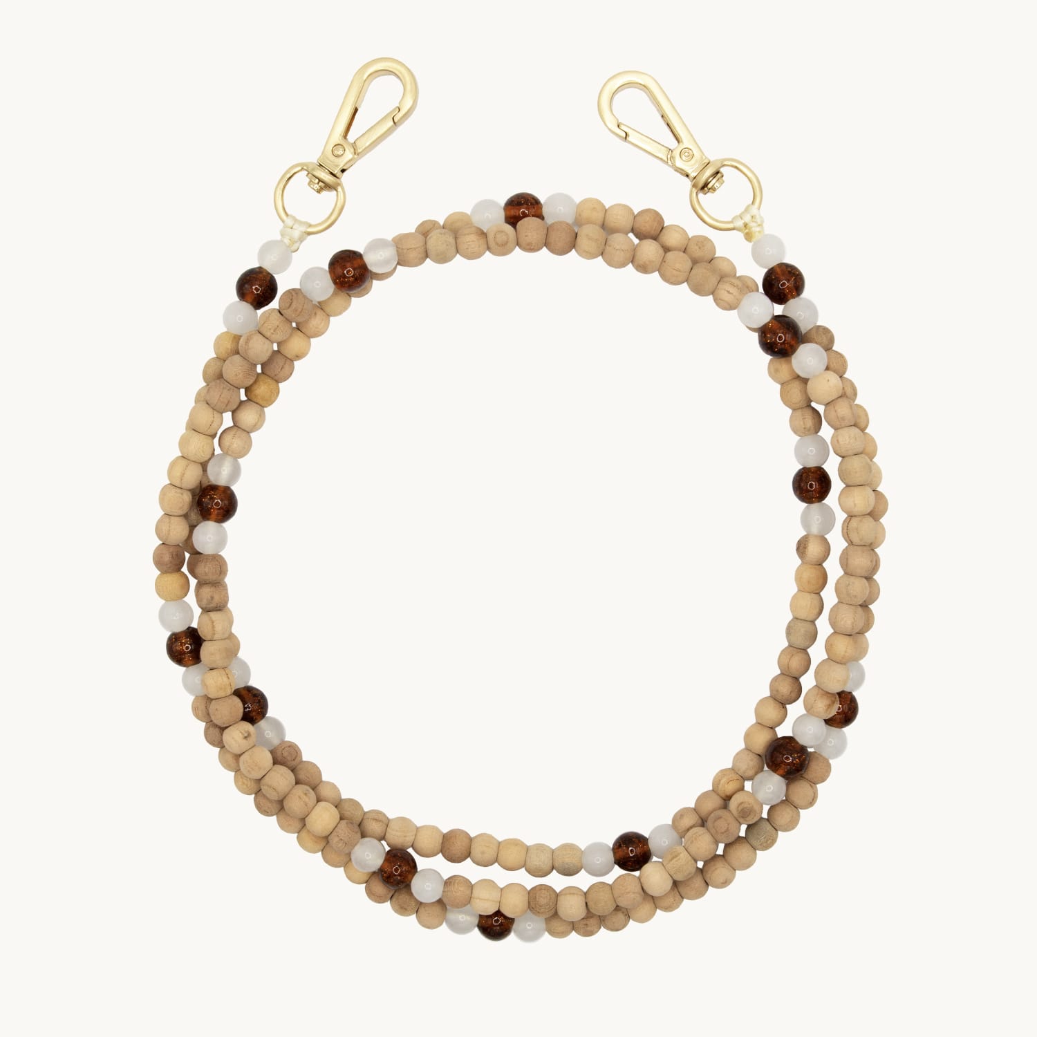 Bandoulière en perles de bois avec deux mousquetons dorés