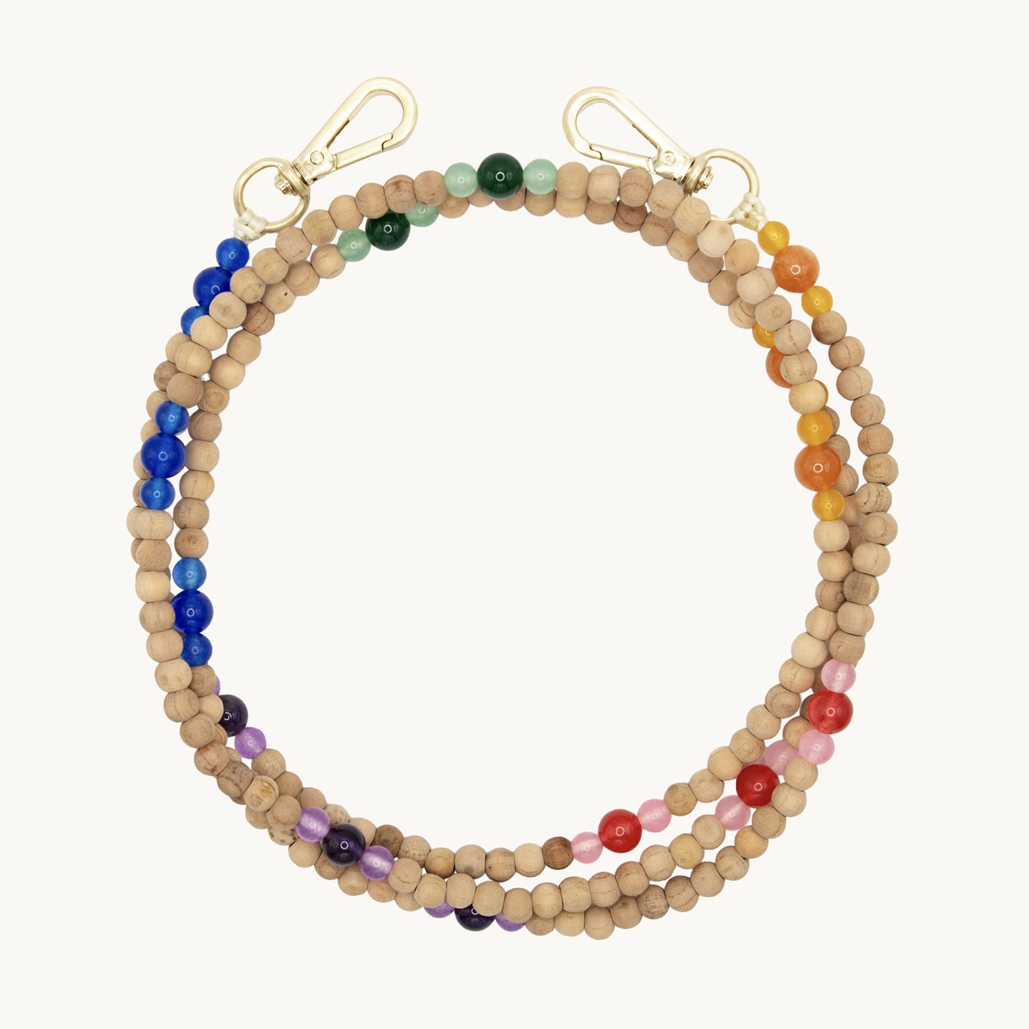 Bandoulière en perles de bois avec deux mousquetons dorés