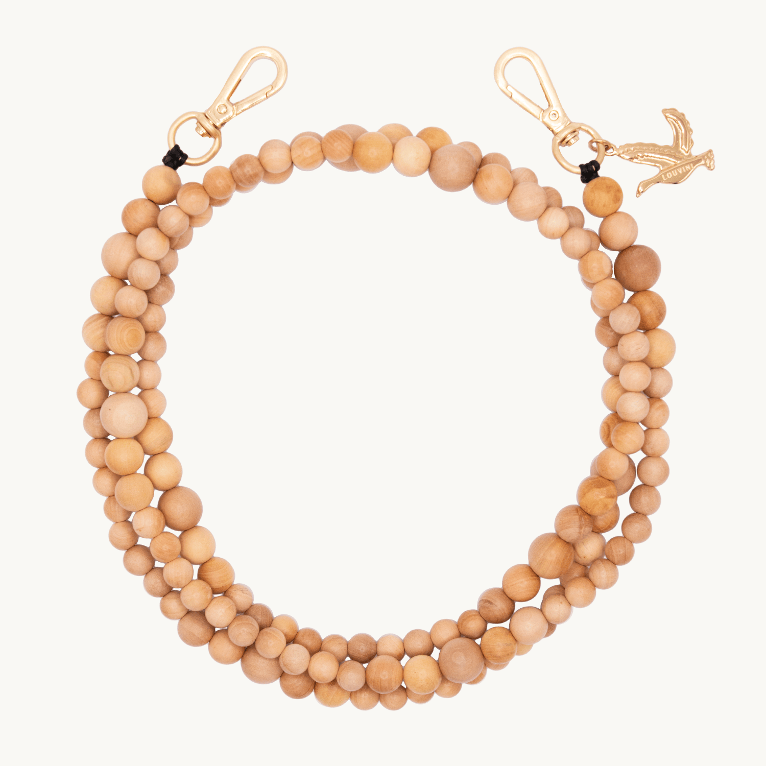 cordon bandoulière en perles de bois et mousquetons