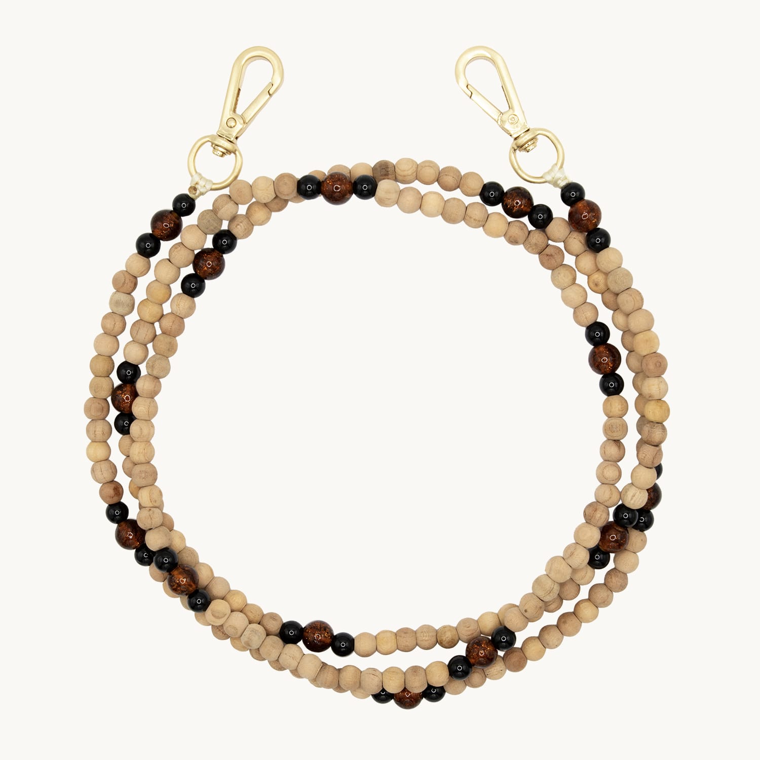 Bandoulière en perles de bois avec deux mousquetons dorés
