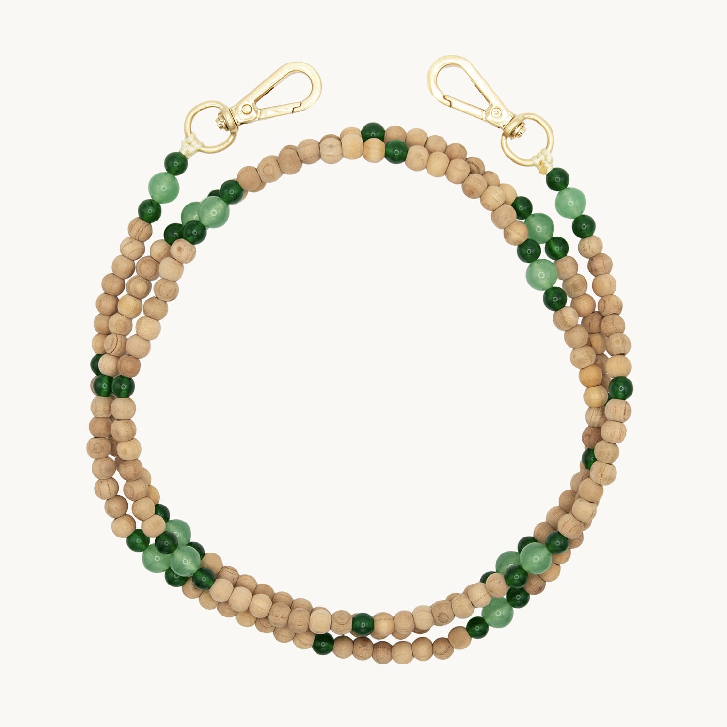 Bandoulière en perles de bois avec deux mousquetons dorés