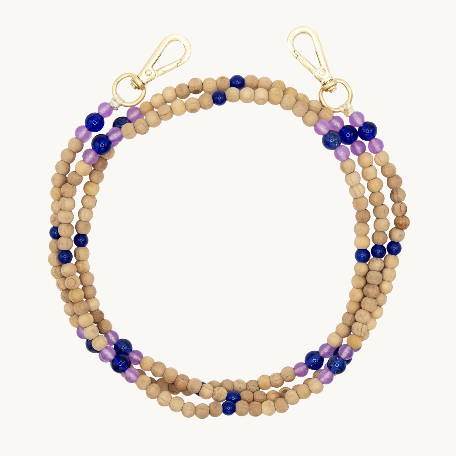 Bandoulière en perles de bois avec deux mousquetons dorés