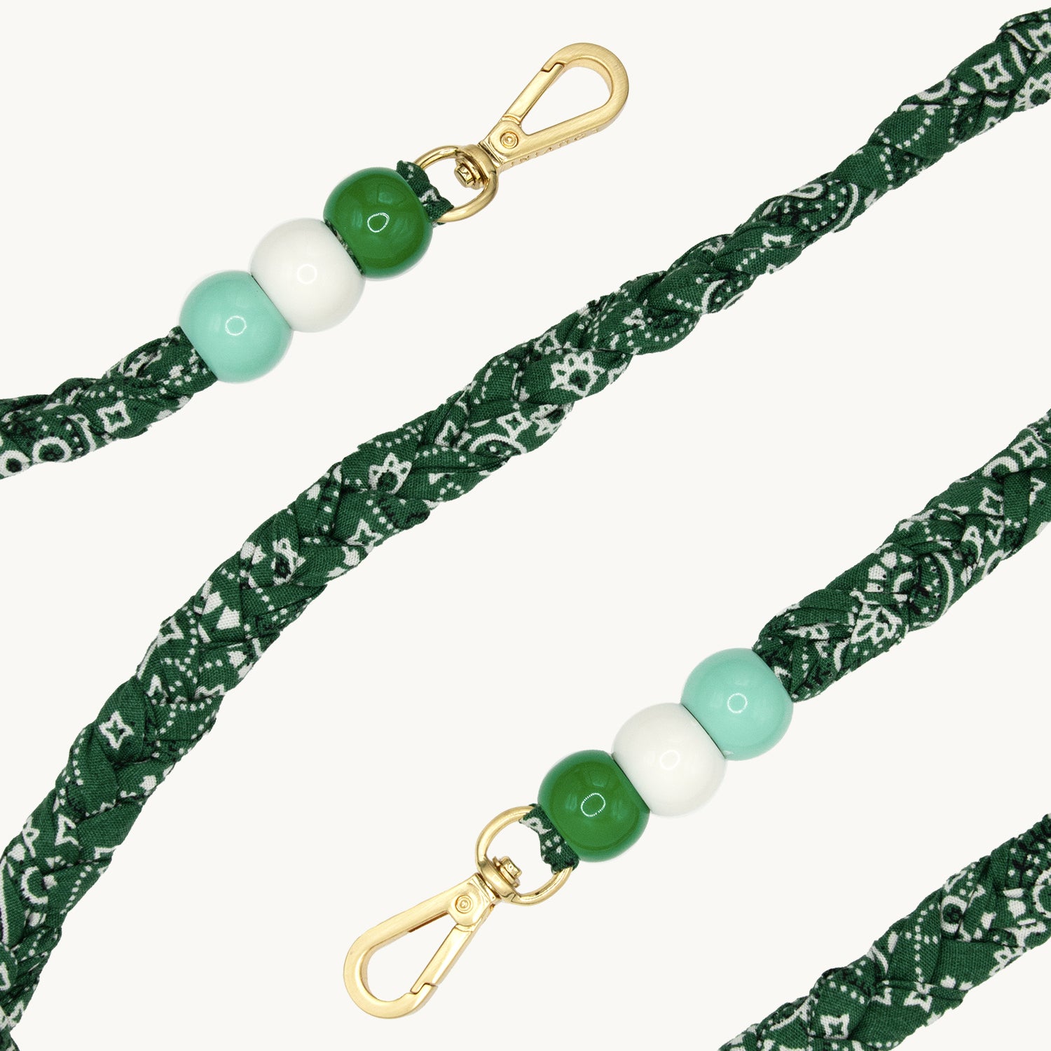 cordon tressé bandana vert bandoulière de téléphone avec mousquetons et perles