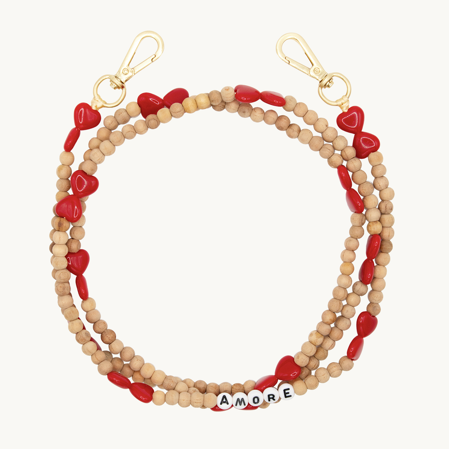 Bandoulière en perles de bois coeur rouge