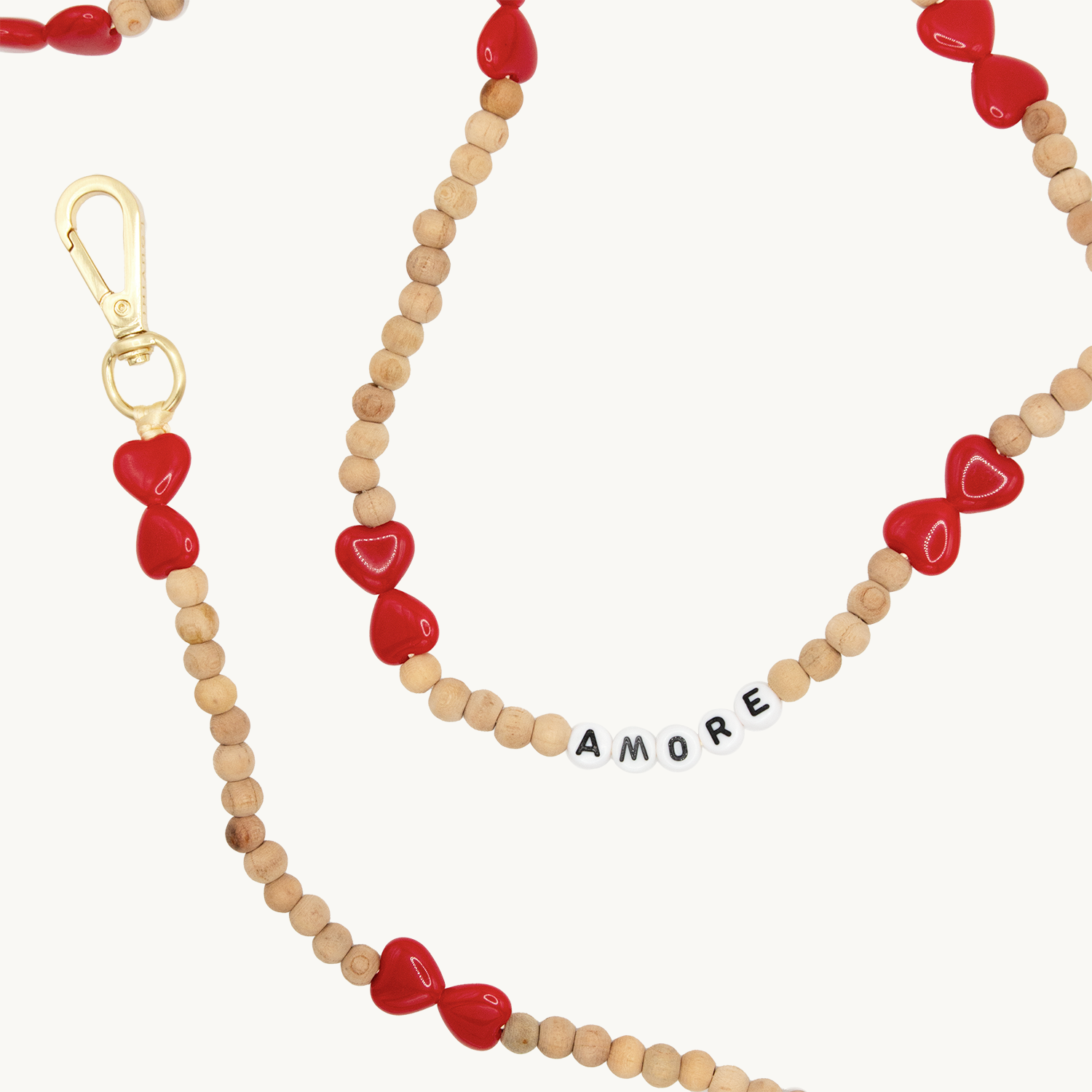 Bandoulière en perles de bois coeur rouge