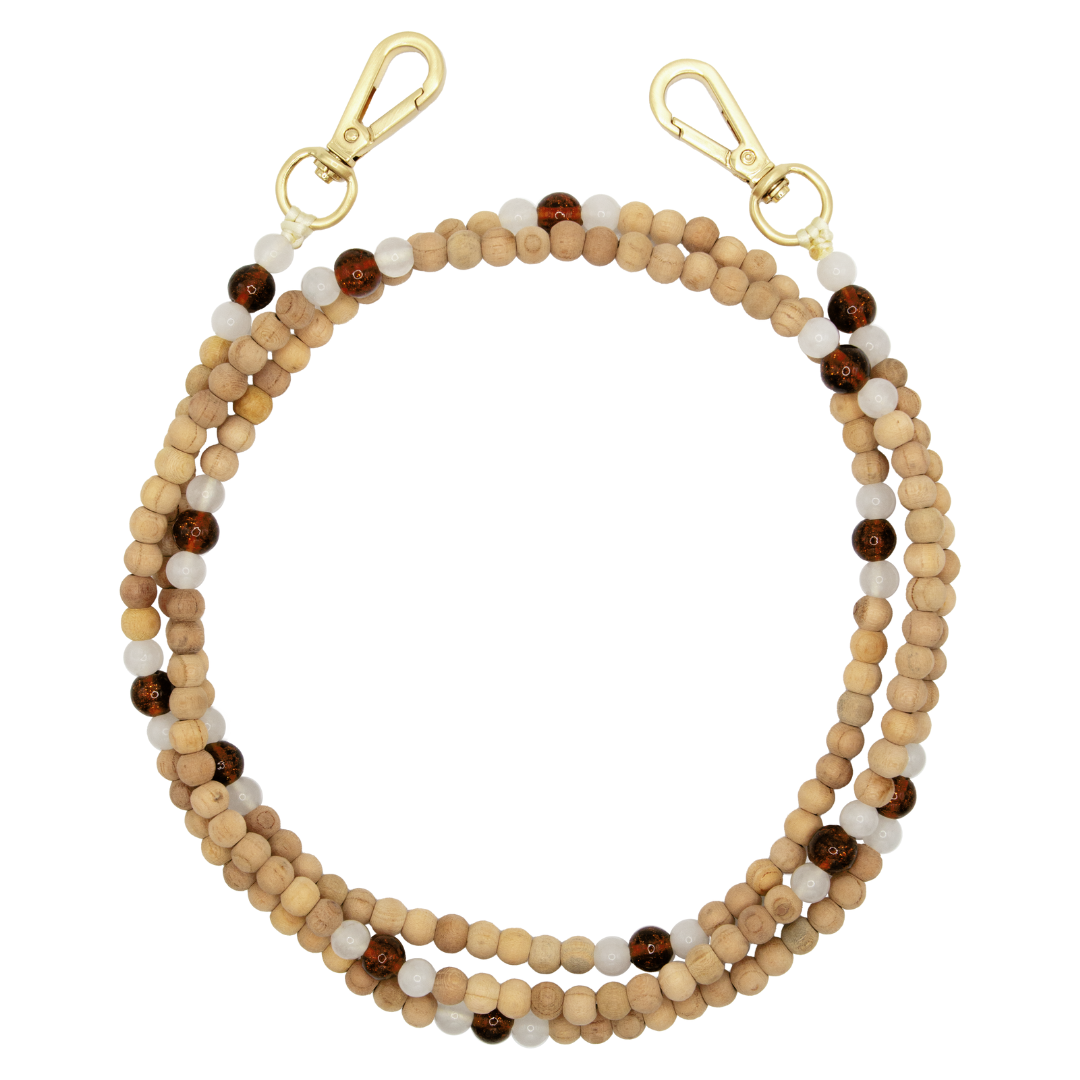 Bandoulière en perles de bois avec deux mousquetons dorés