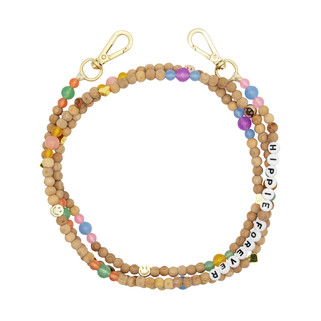 Bandoulière en perles de bois avec deux mousquetons dorés