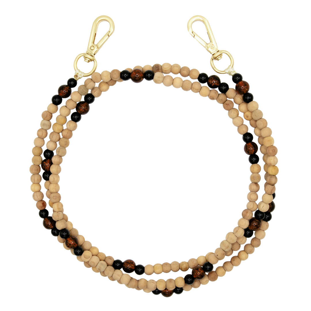 Bandoulière en perles de bois avec deux mousquetons dorés