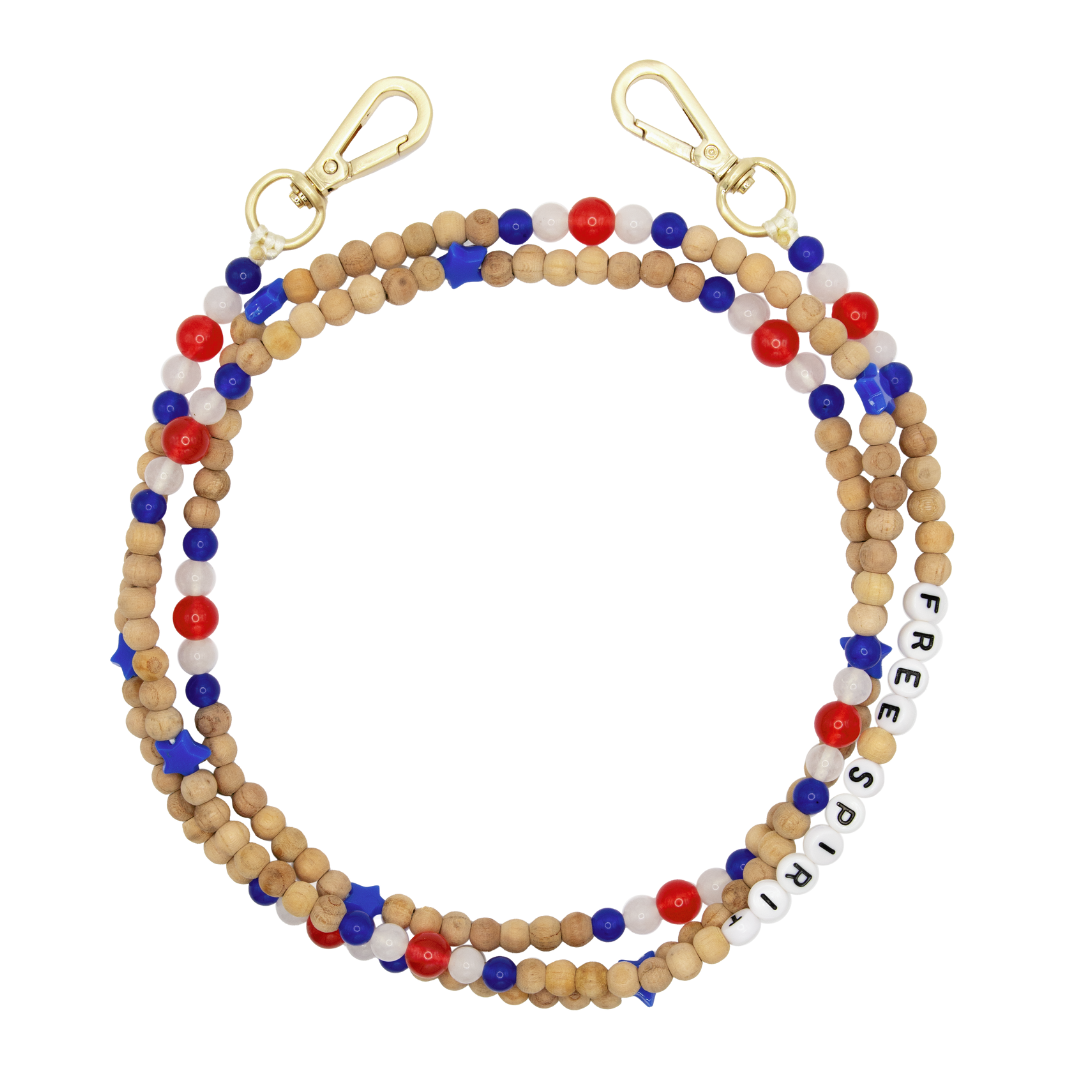 Bandoulière en perles de bois avec deux mousquetons dorés