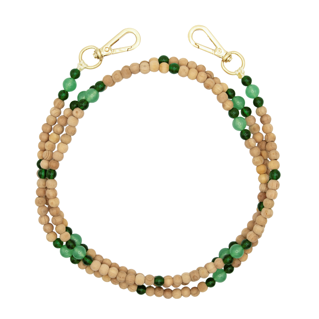 Bandoulière en perles de bois avec deux mousquetons dorés
