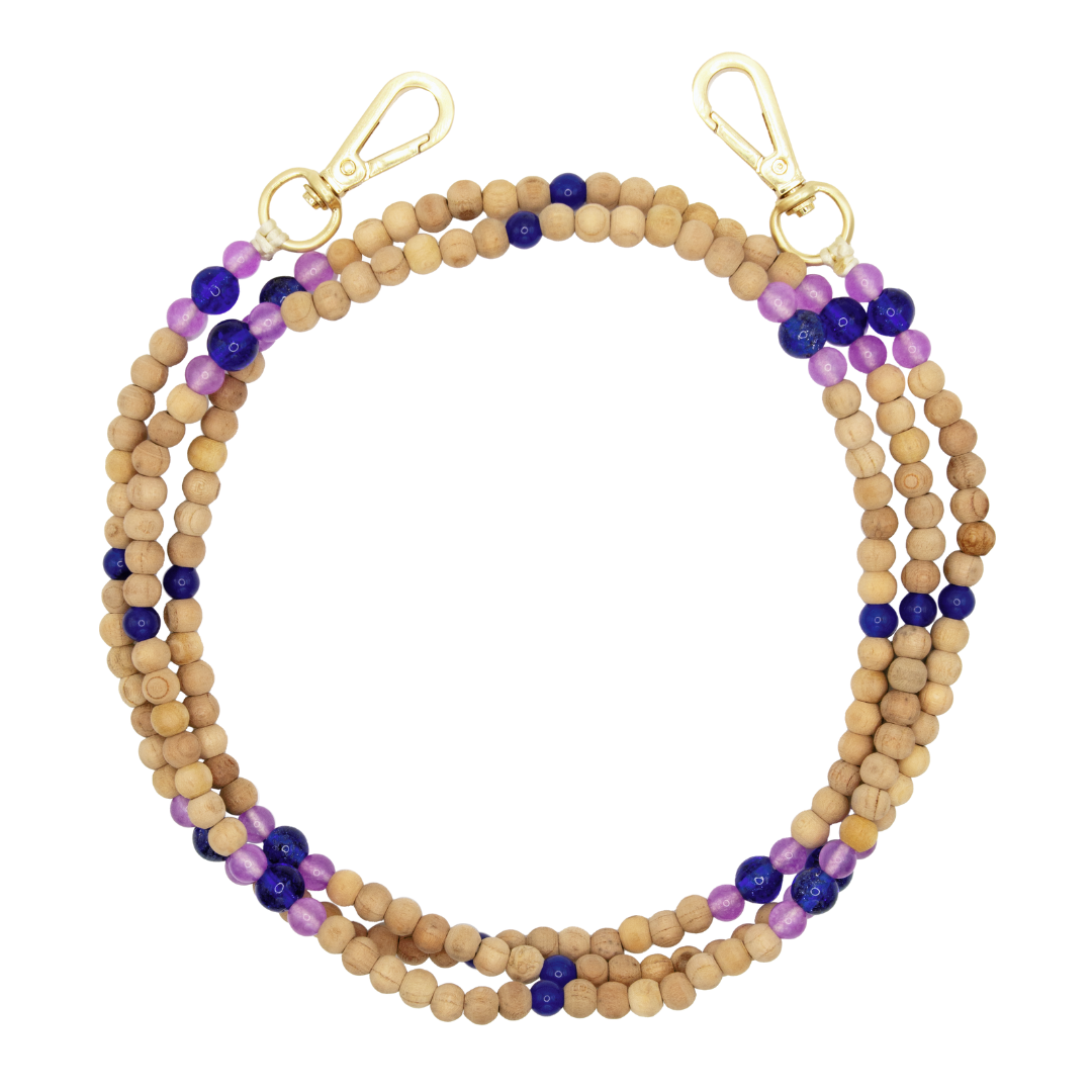 Bandoulière en perles de bois avec deux mousquetons dorés