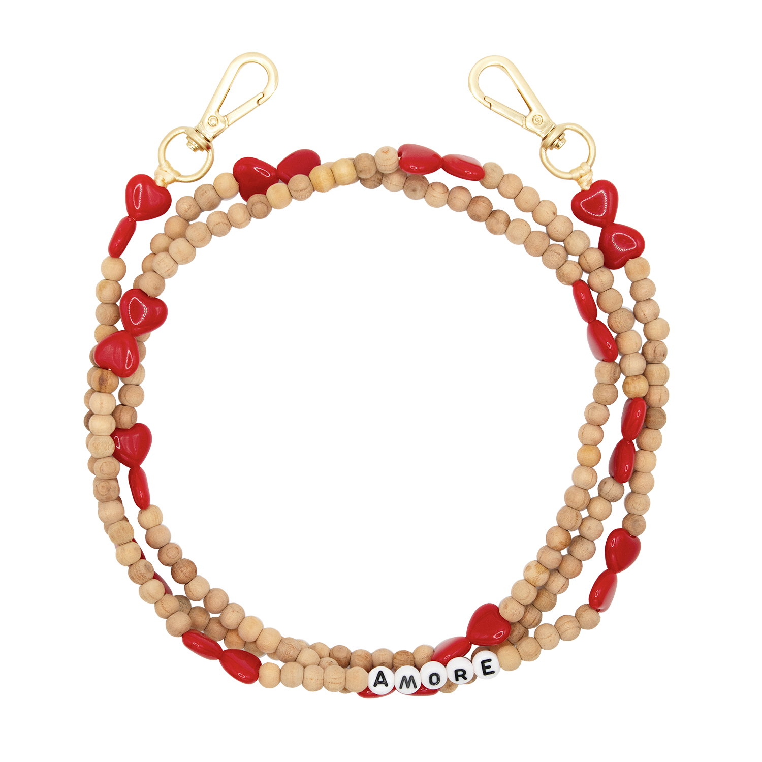 Bandoulière en perles de bois coeur rouge