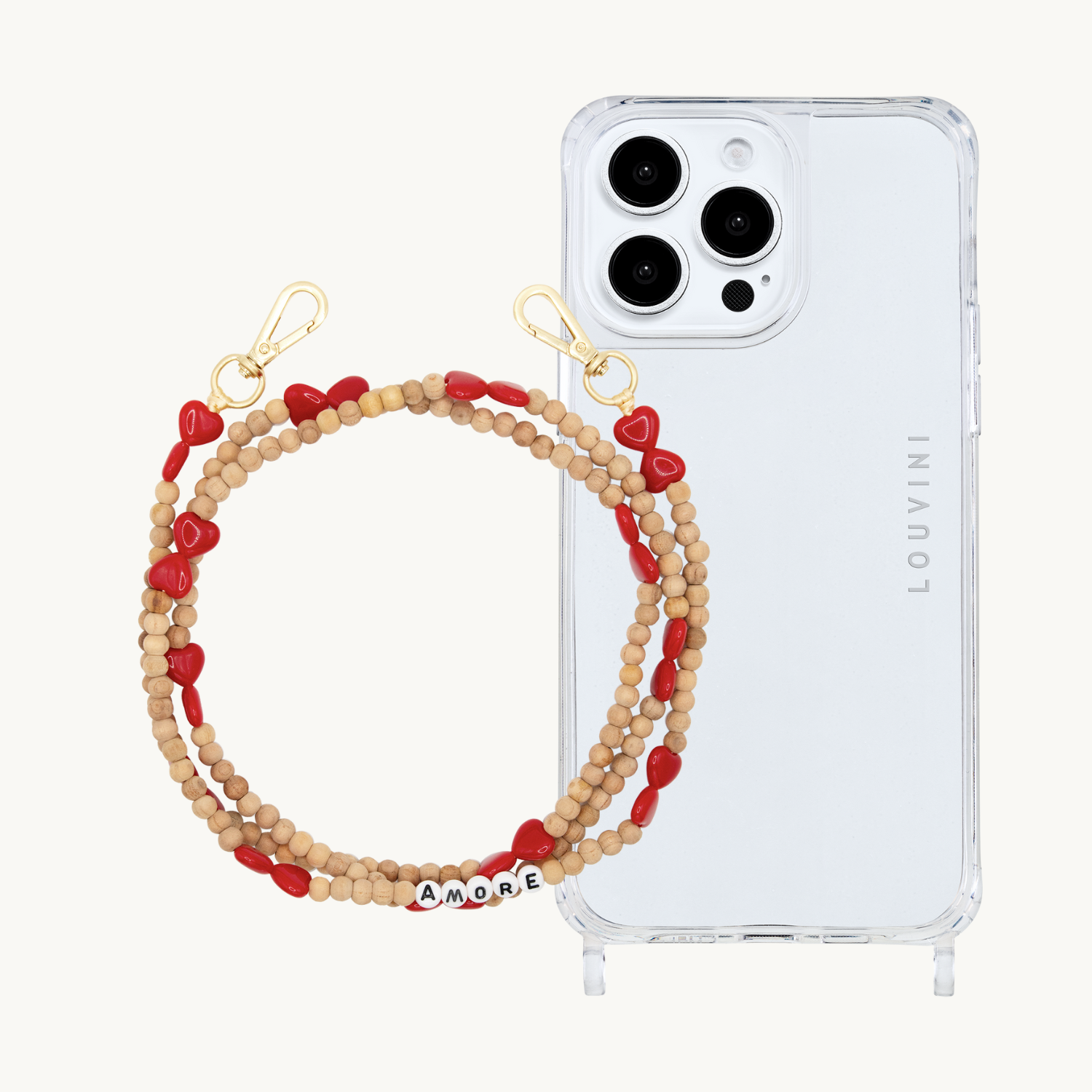 ensemble coque iPhone et chaîne de téléphone en perle de bois