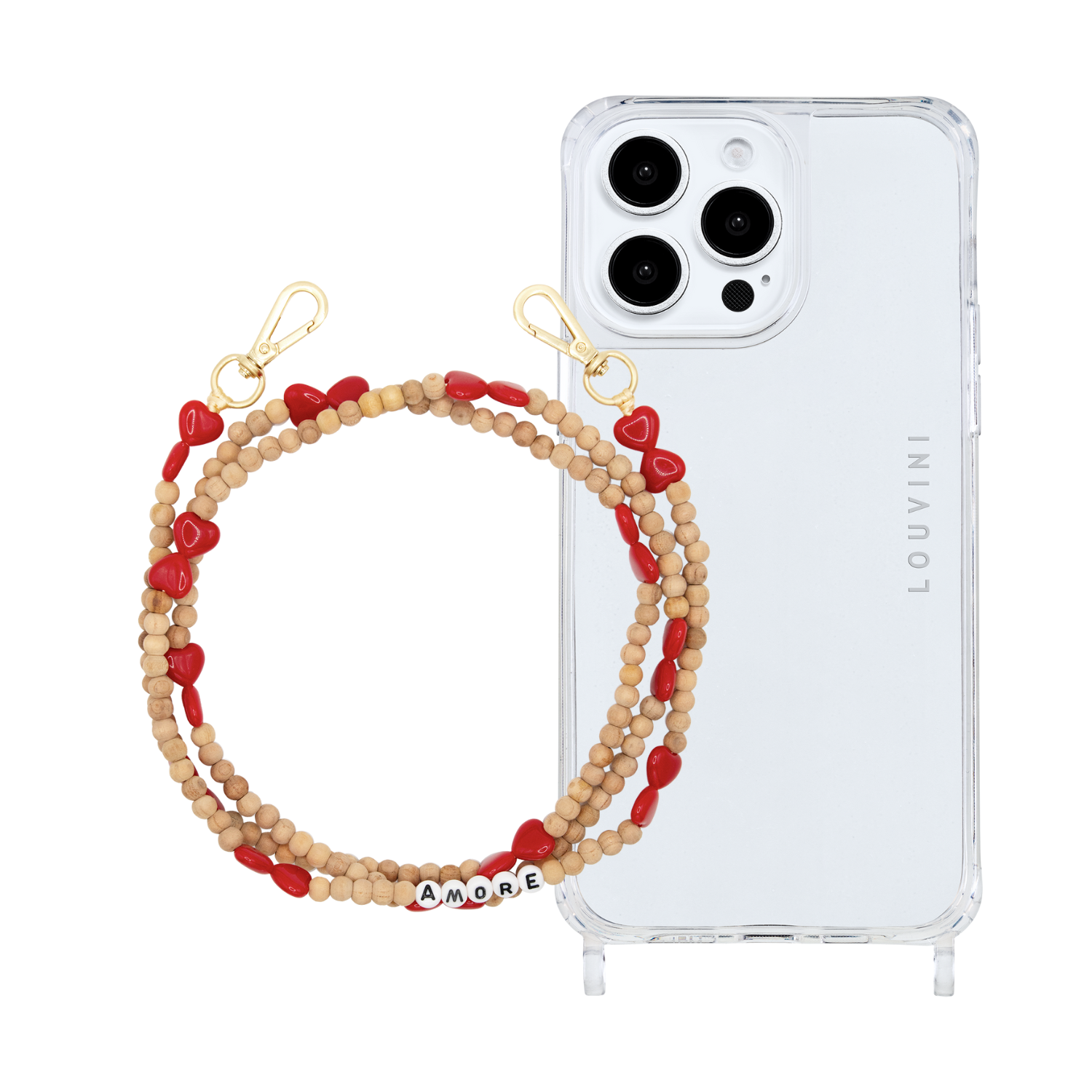 ensemble coque iPhone et chaîne de téléphone en perle de bois