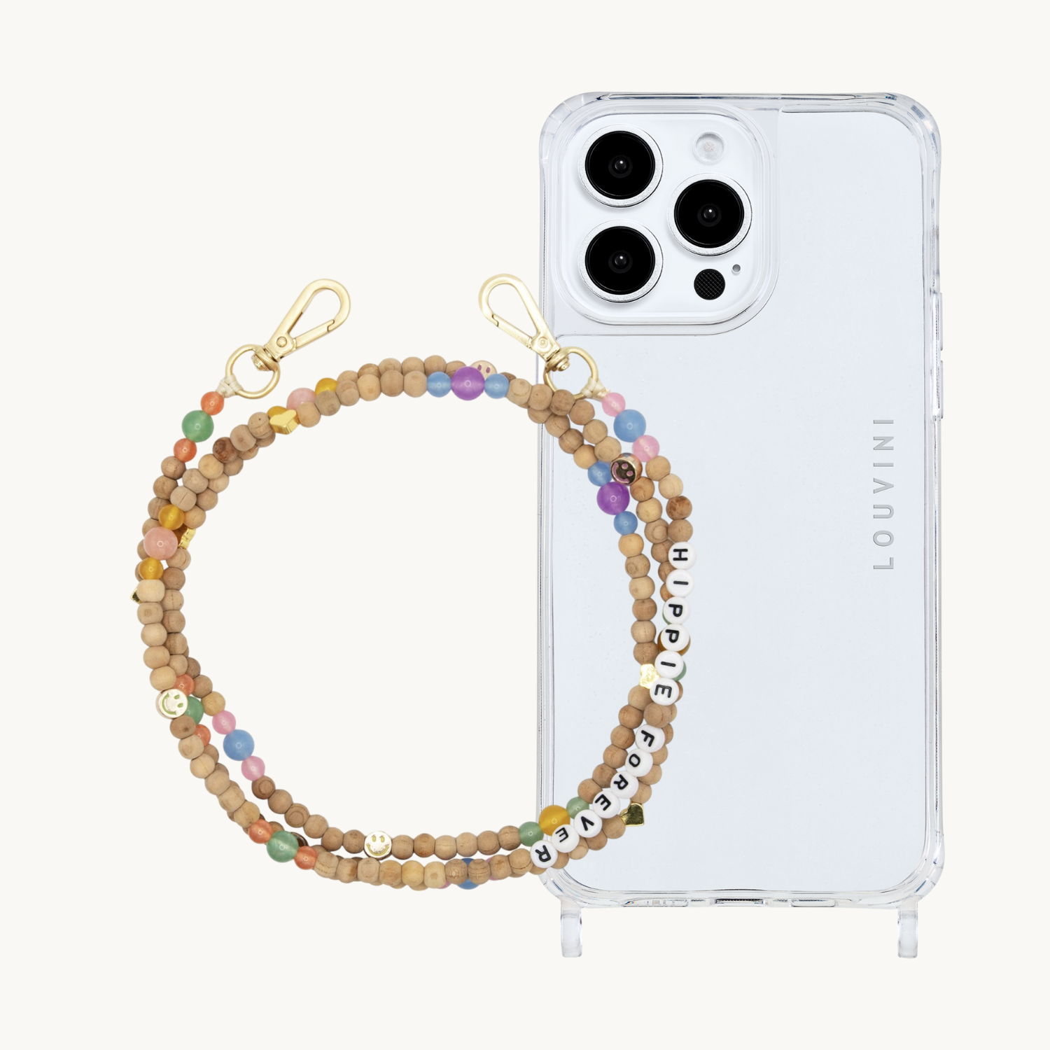 ensemble coque iPhone et chaîne de téléphone en perle de bois