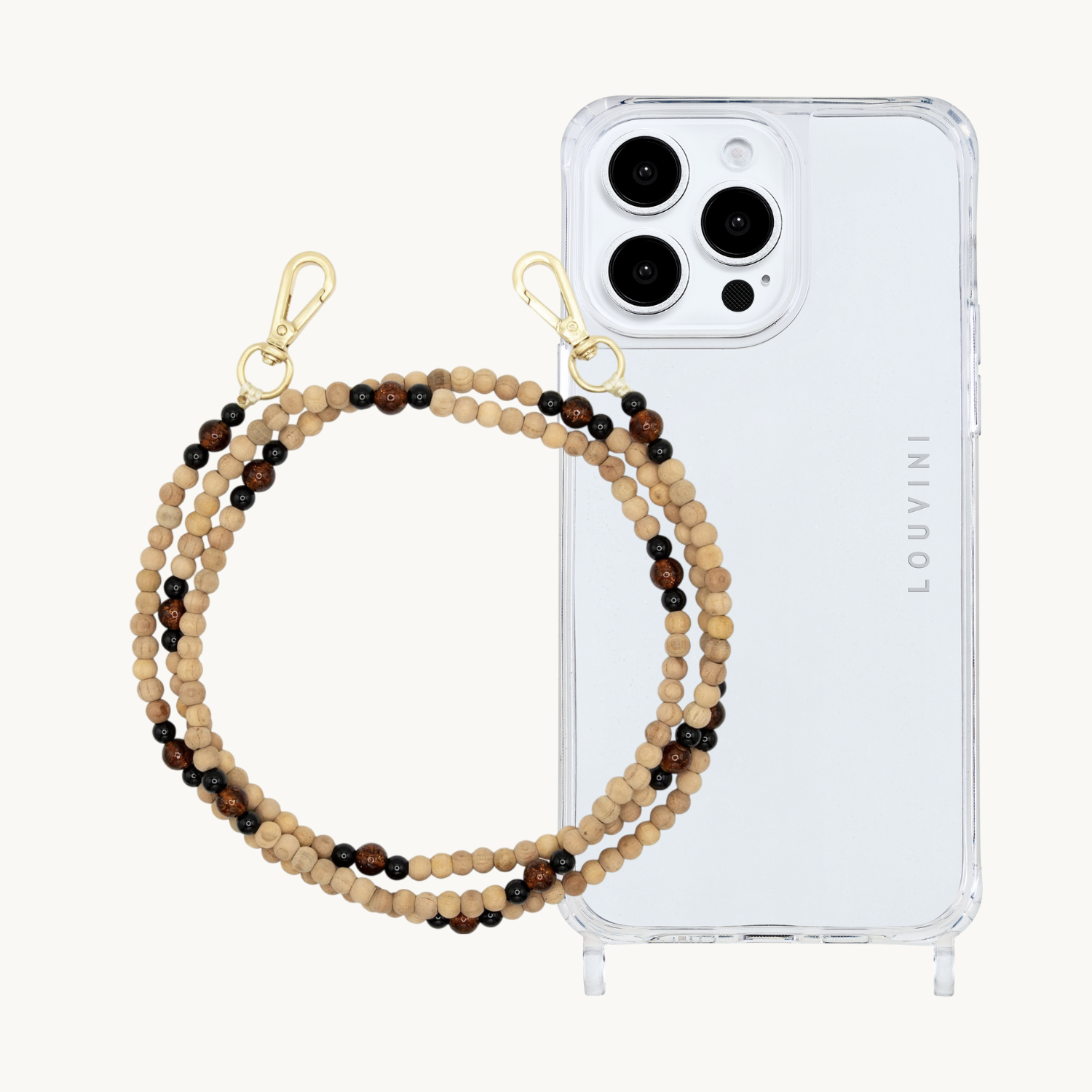 ensemble coque iPhone et chaîne de téléphone en perle de bois