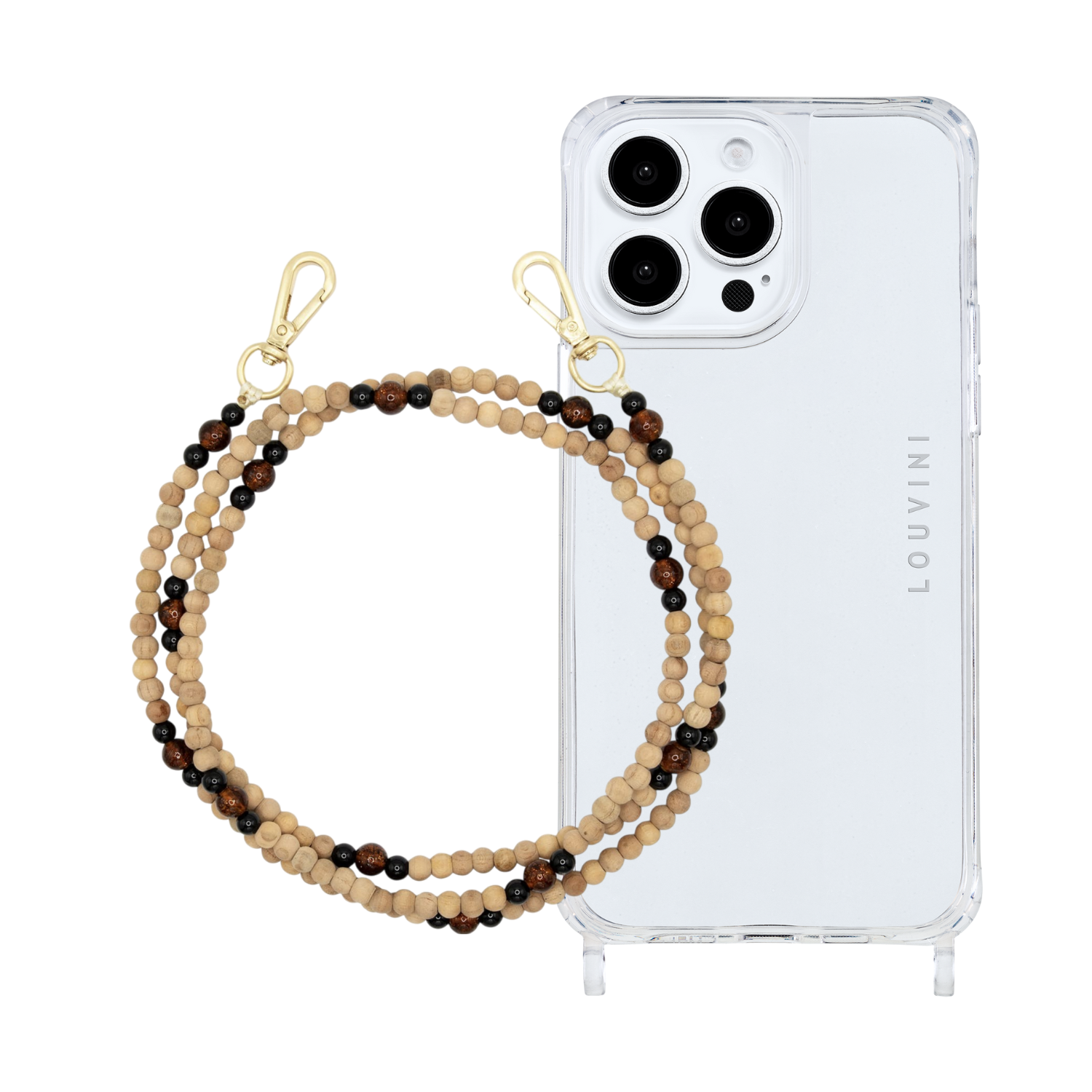 ensemble coque iPhone et chaîne de téléphone en perle de bois