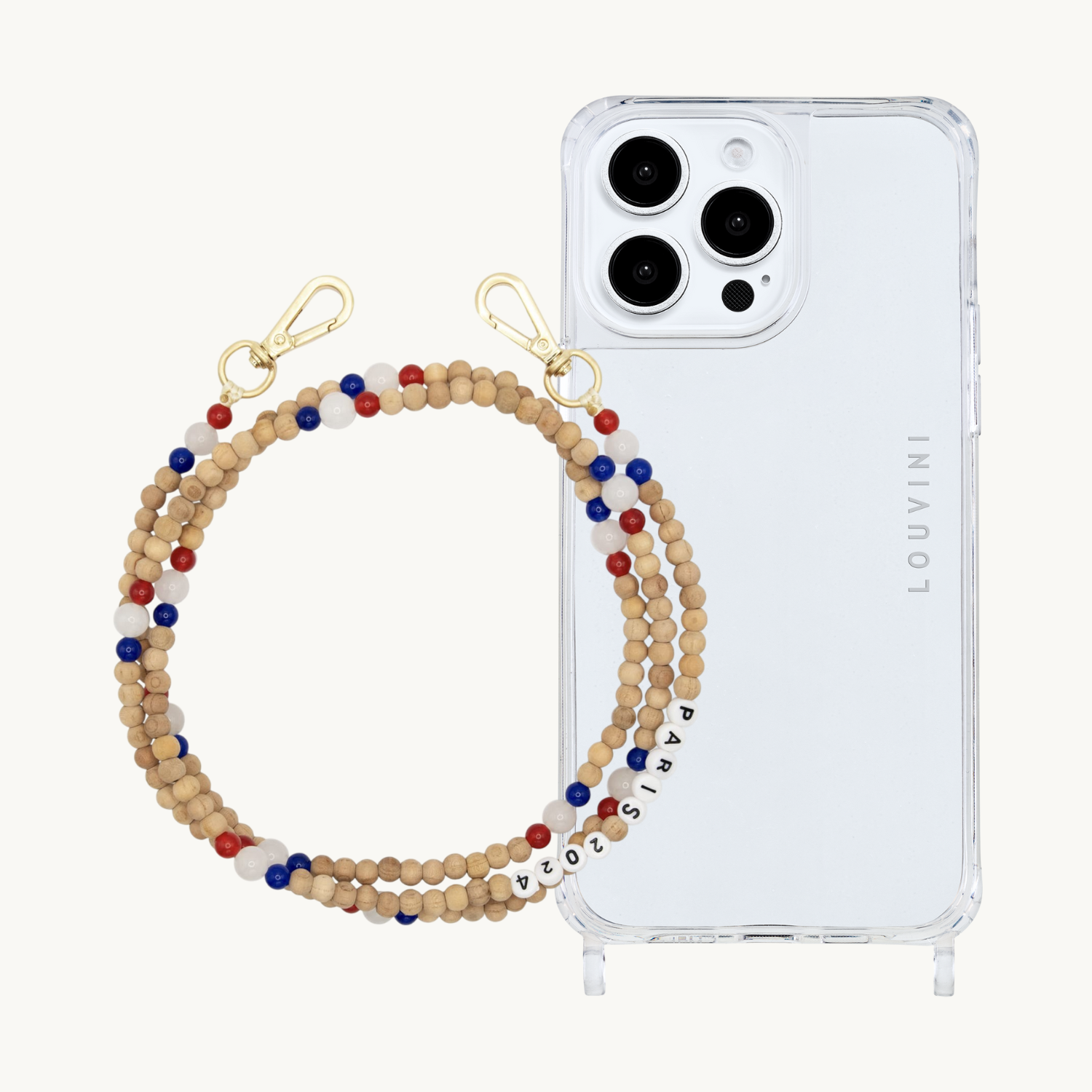 ensemble coque de téléphone en transparente avec bandoulière en perle