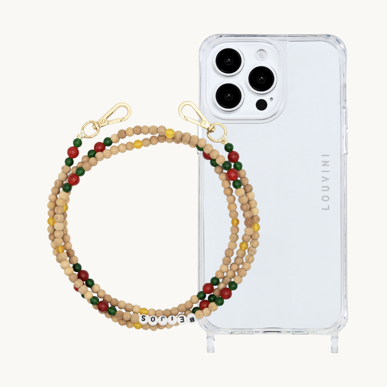 ensemble coque iPhone et chaîne de téléphone en perle de bois