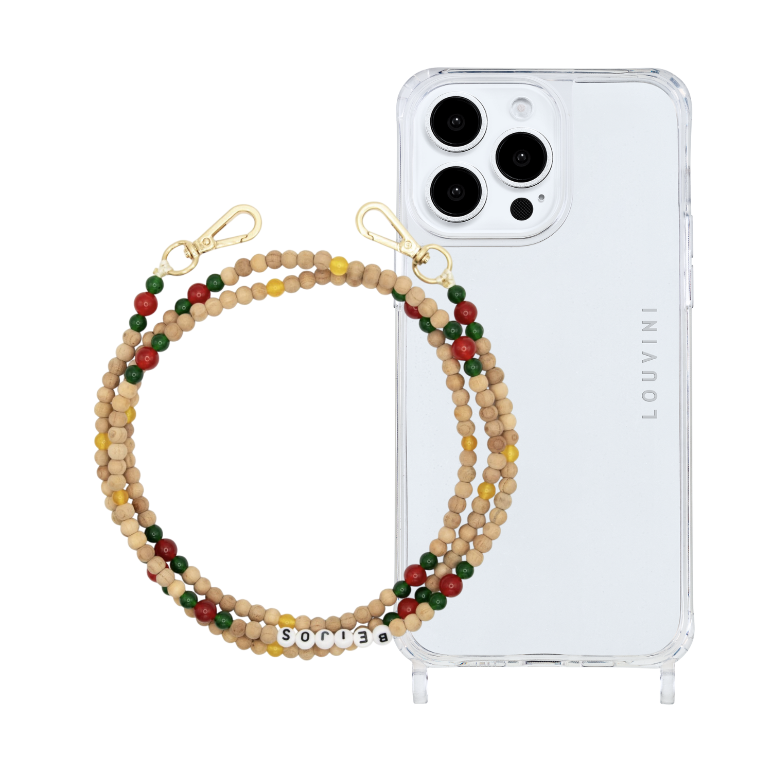 ensemble coque iPhone et chaîne de téléphone en perle de bois
