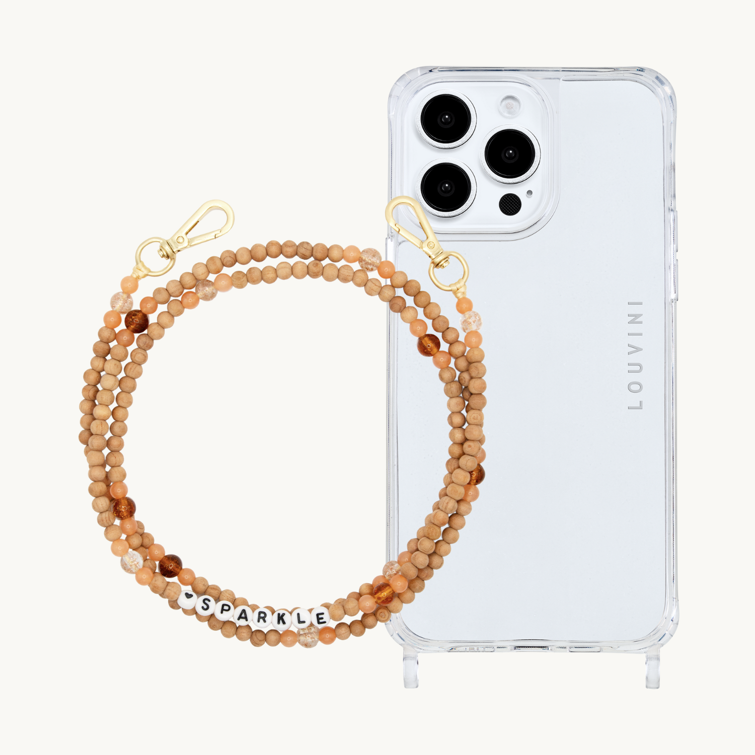 ensemble coque iPhone et chaîne de téléphone en perle de bois