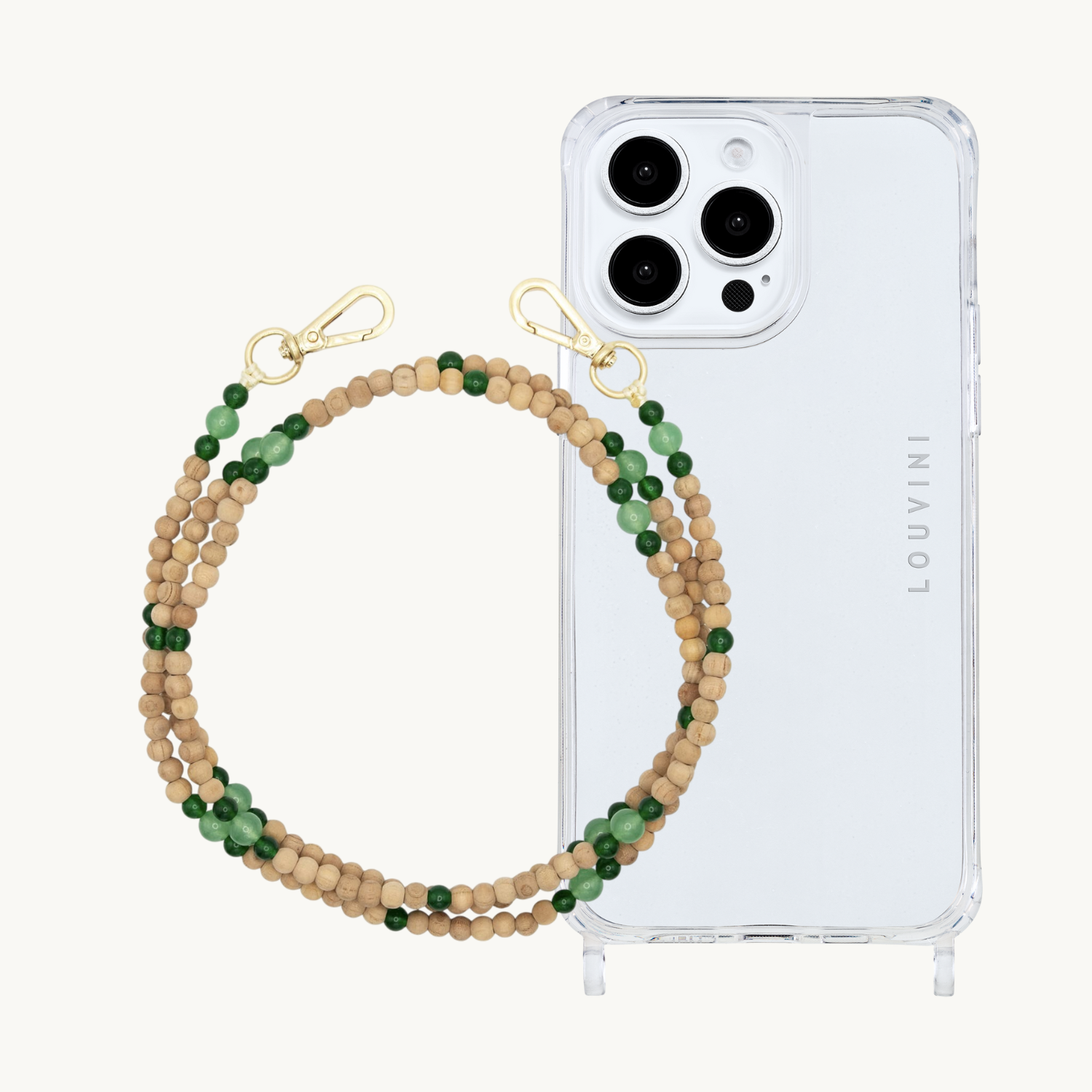 ensemble coque iPhone et chaîne de téléphone en perle de bois