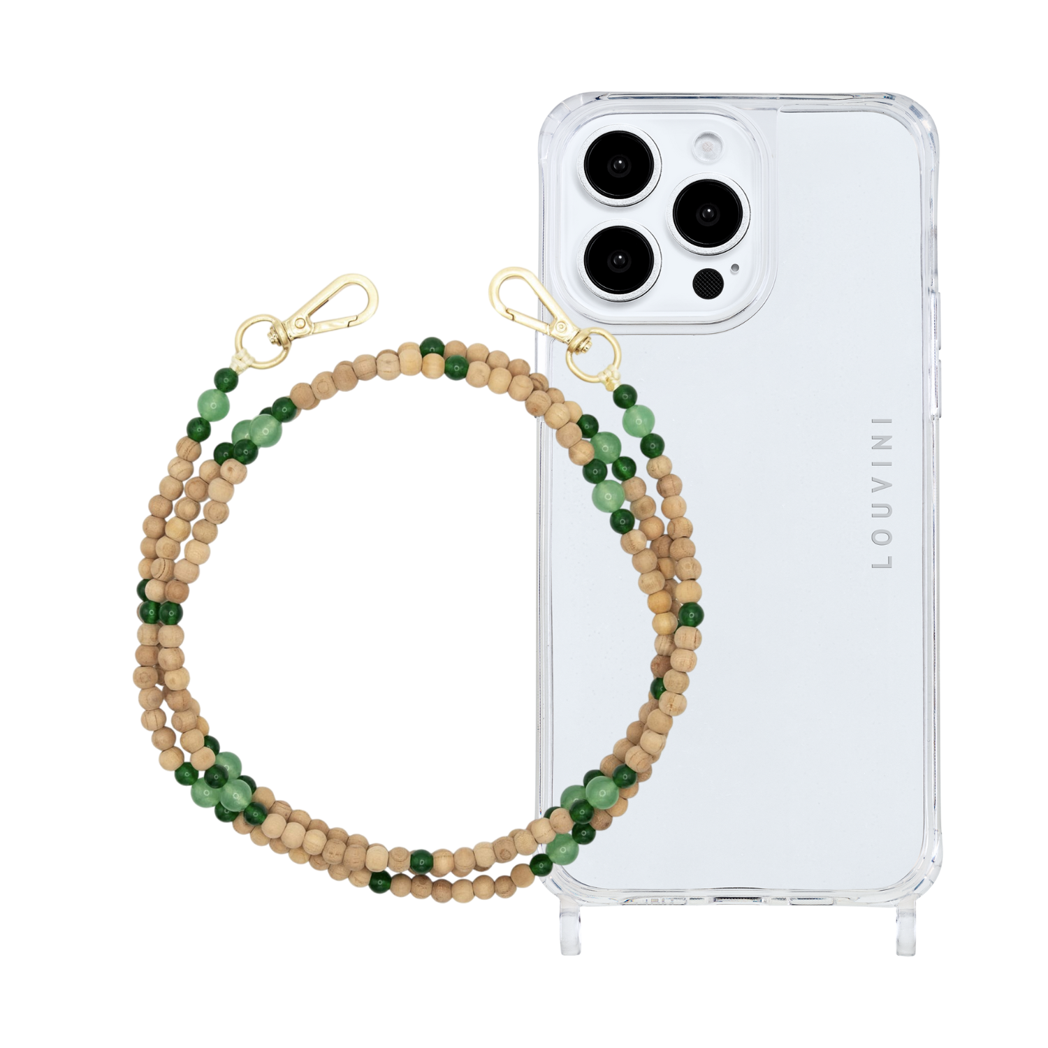ensemble coque iPhone et chaîne de téléphone en perle de bois