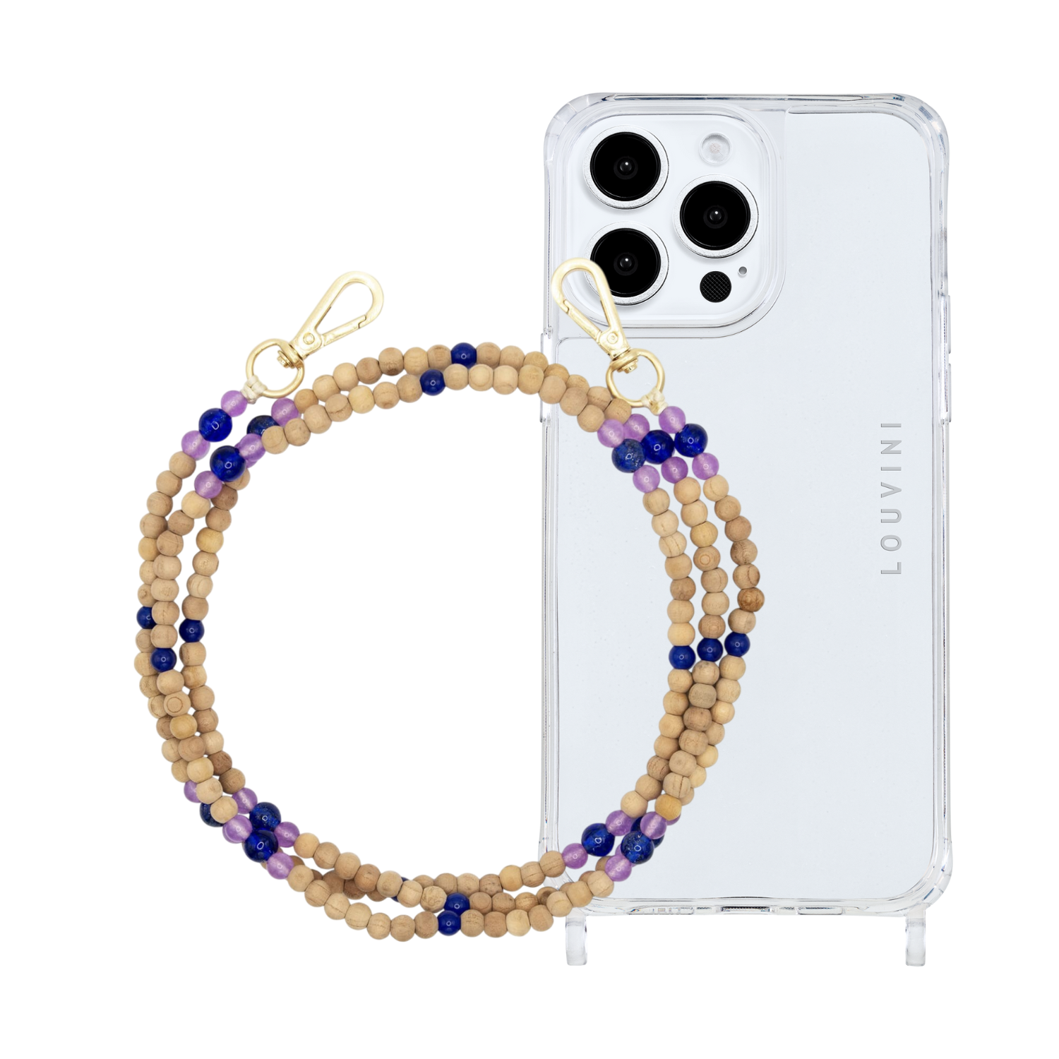 ensemble coque iPhone et chaîne de téléphone en perle de bois