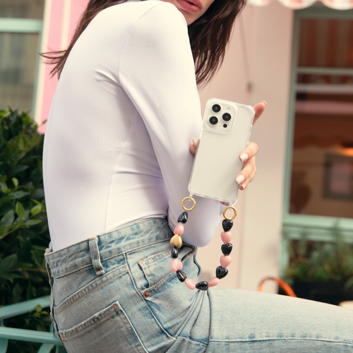 ensemble coque pour téléphone transparente avec bracelet coeur noir rose