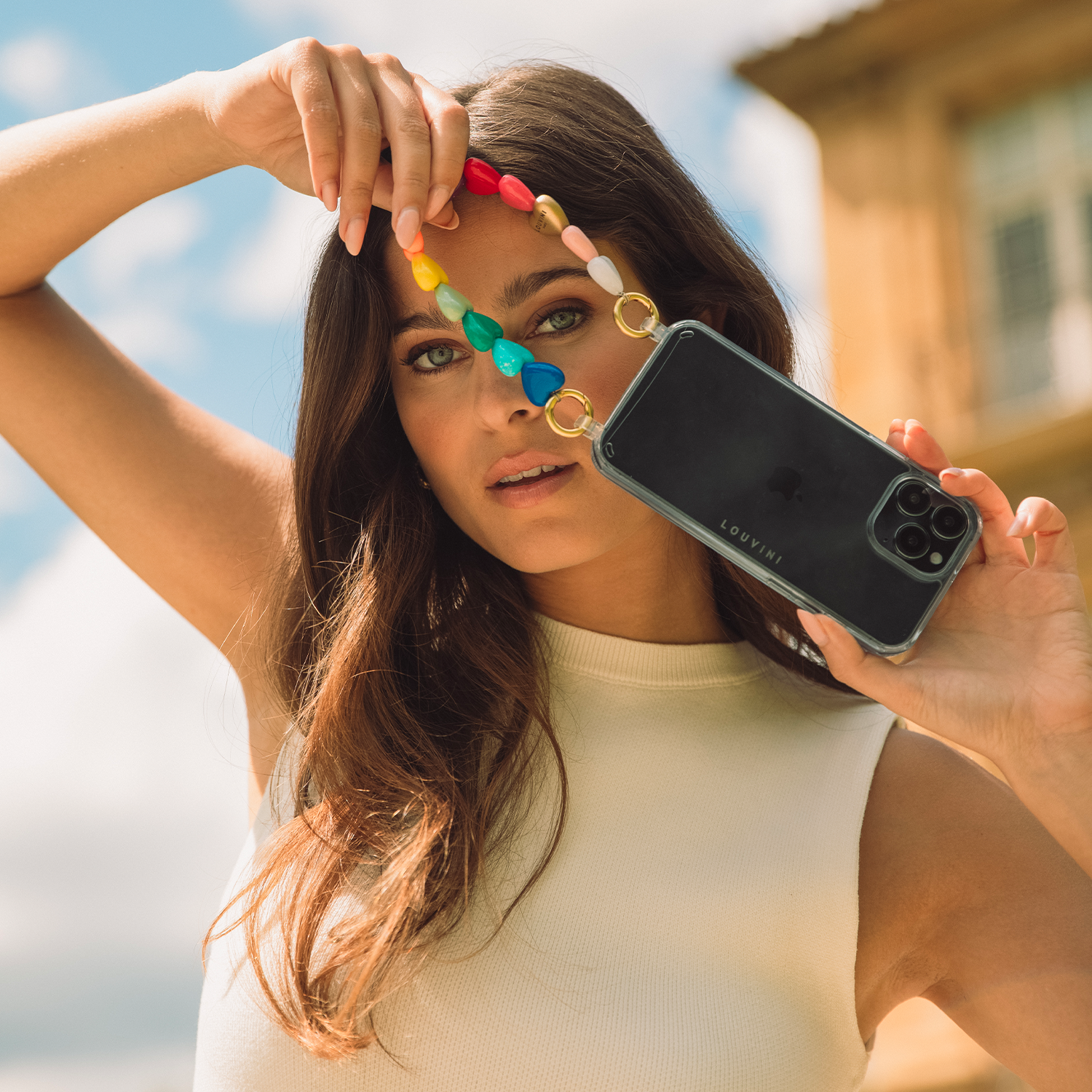 ensemble coque pour téléphone transparente avec bracelet arc en ciel