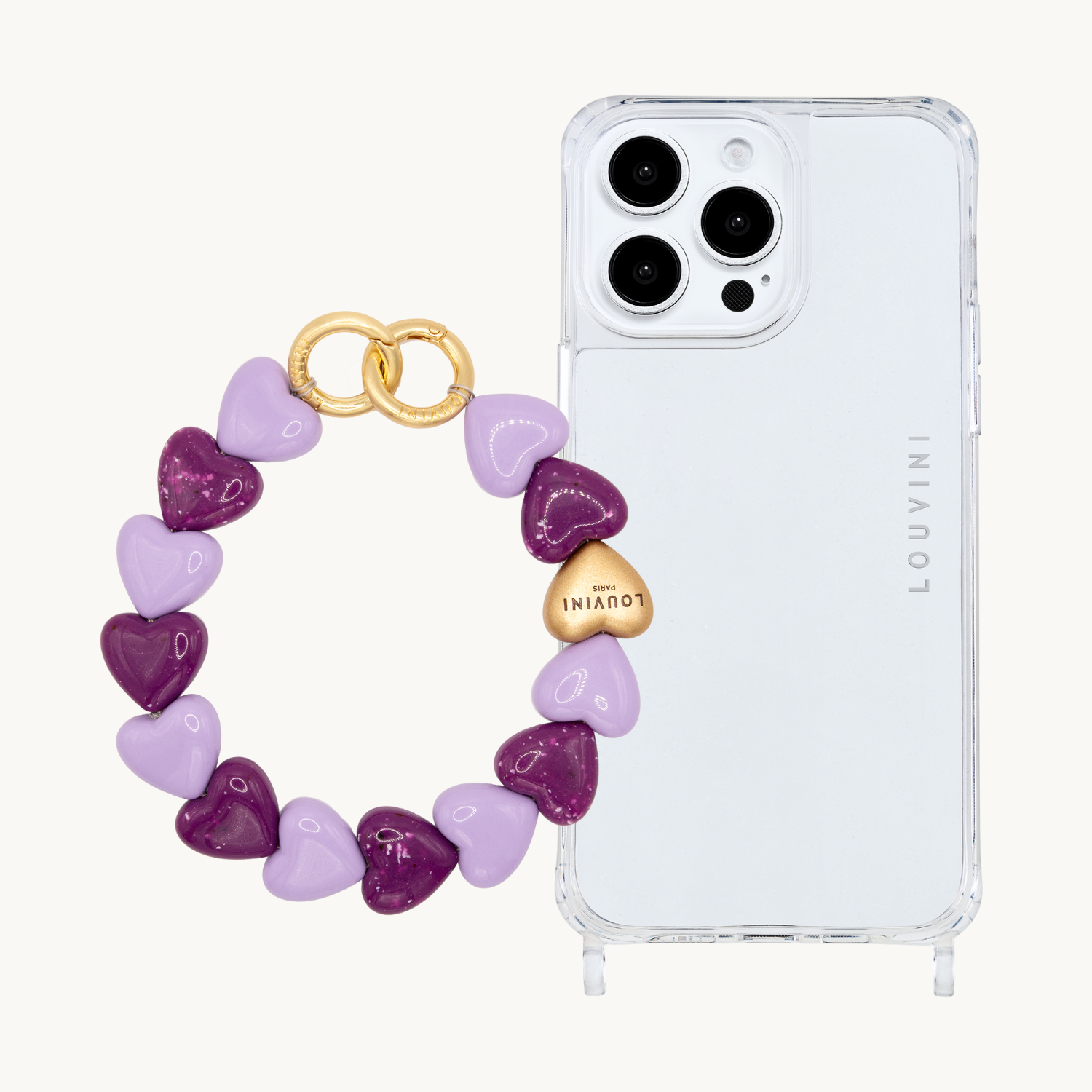 ensemble Coque de téléphone transparente avec bracelet à grosses mailles en résine coeur