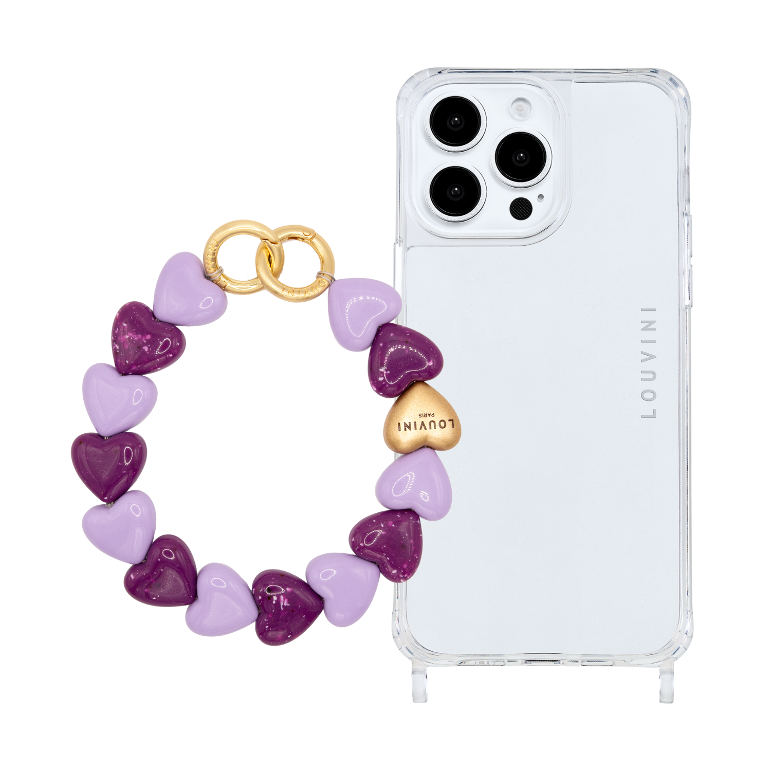 ensemble Coque de téléphone transparente avec bracelet à grosses mailles en résine coeur