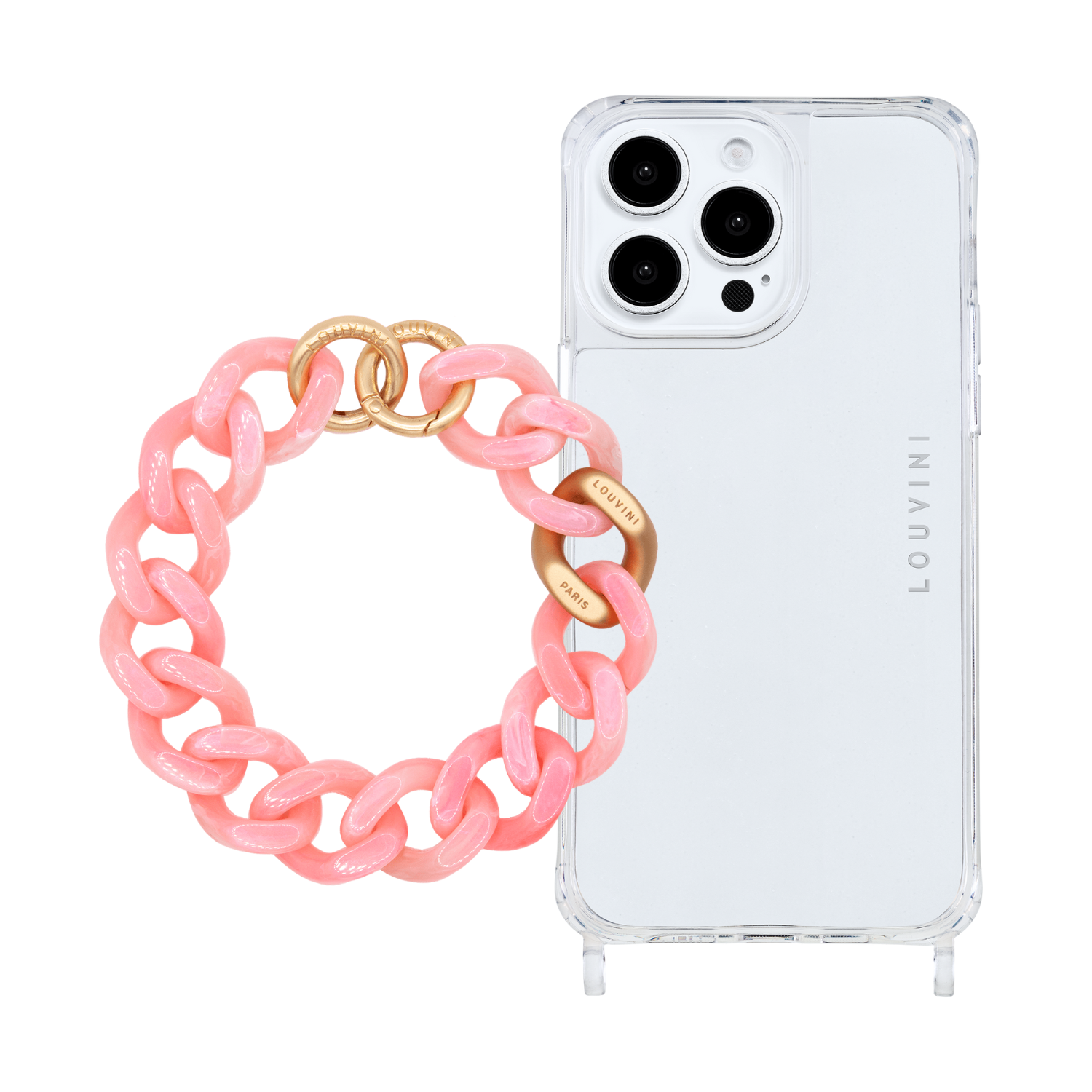 ensemble Coque de téléphone transparente avec bracelet à grosses mailles en résine