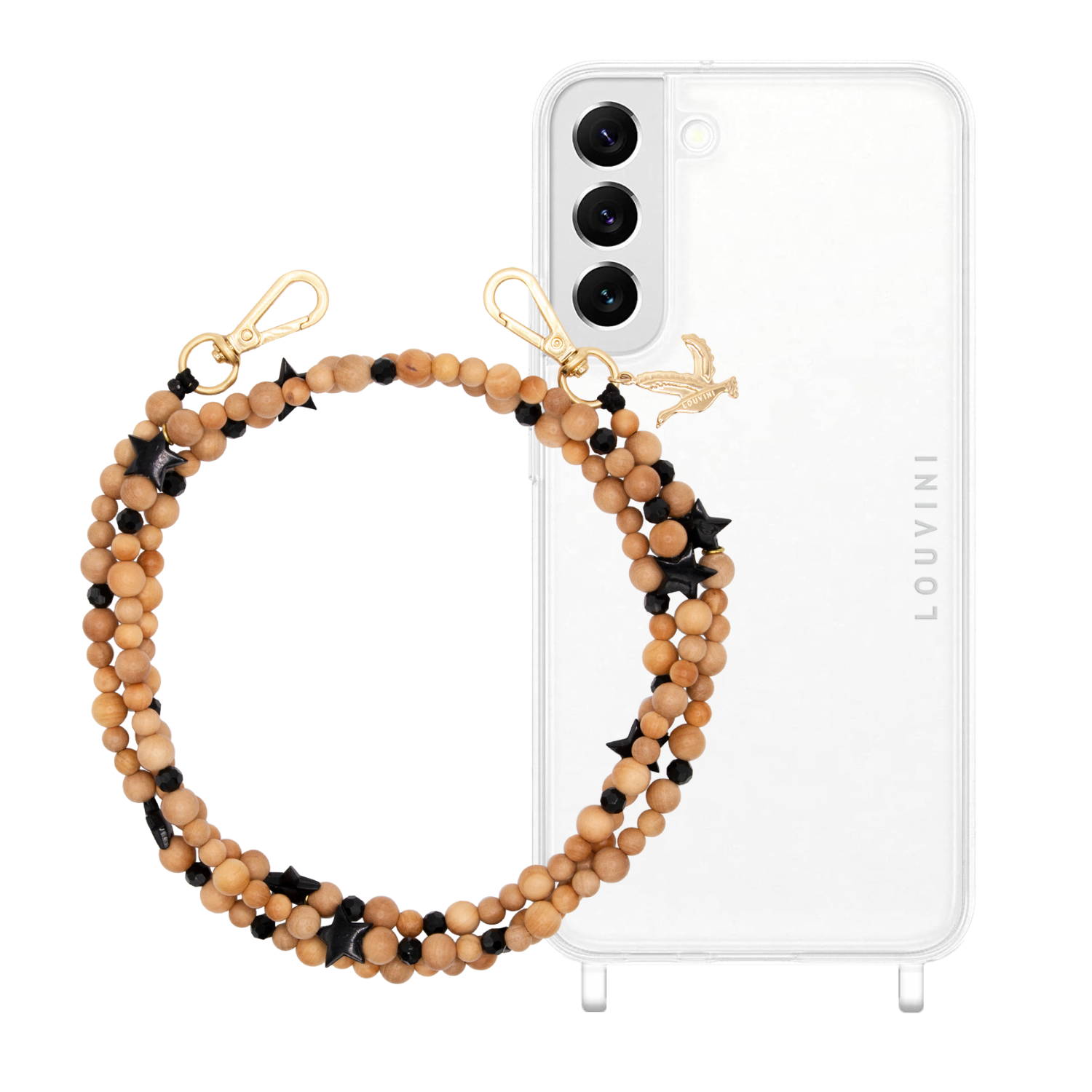 ensemble coque samsung et chaîne de téléphone avec perles en bois