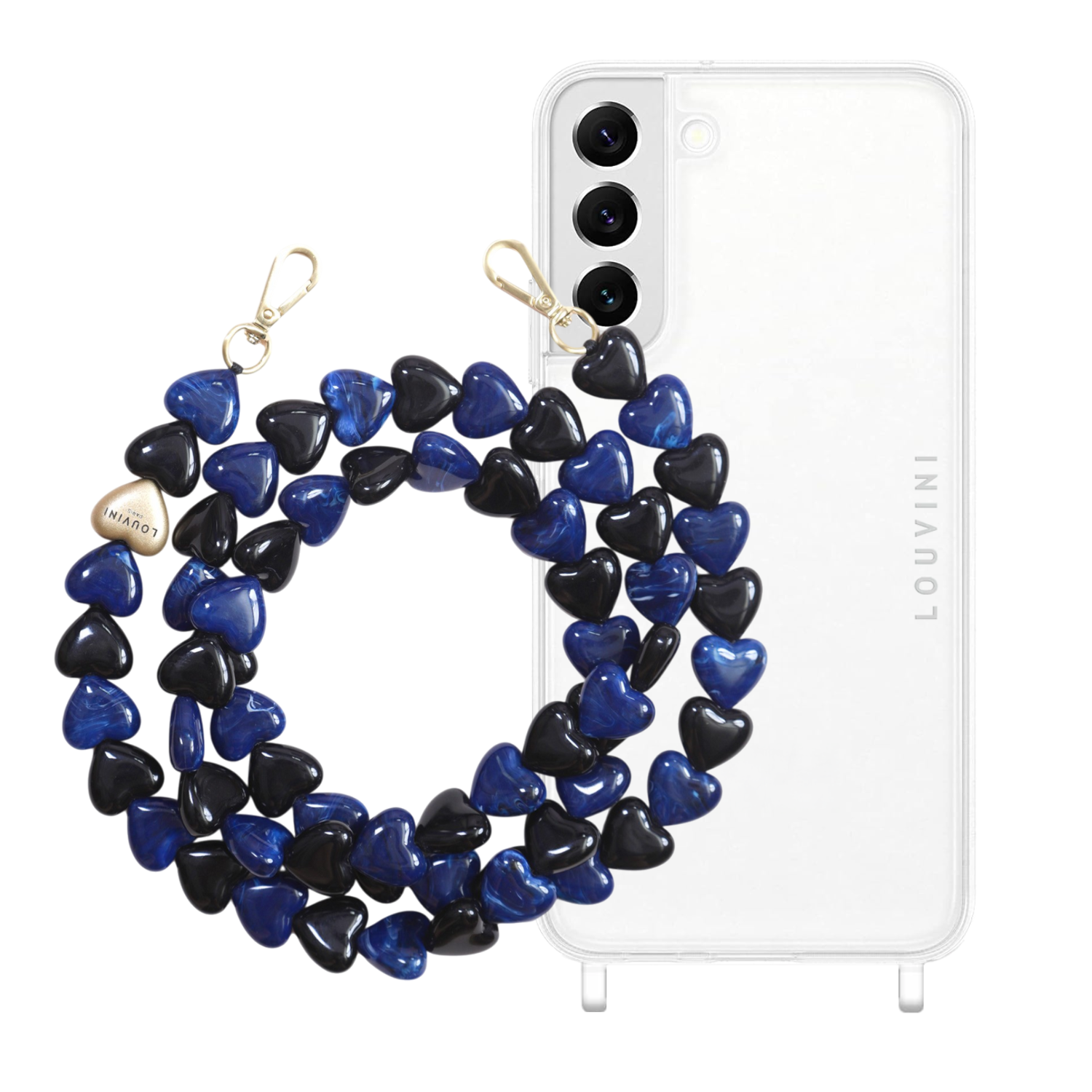 ensemble coque pour téléphone transparente et cordon marine et noir