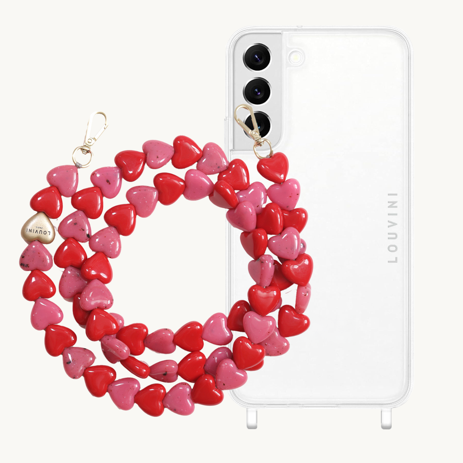 ensemble coque pour téléphone transparente et cordon rose et rouge