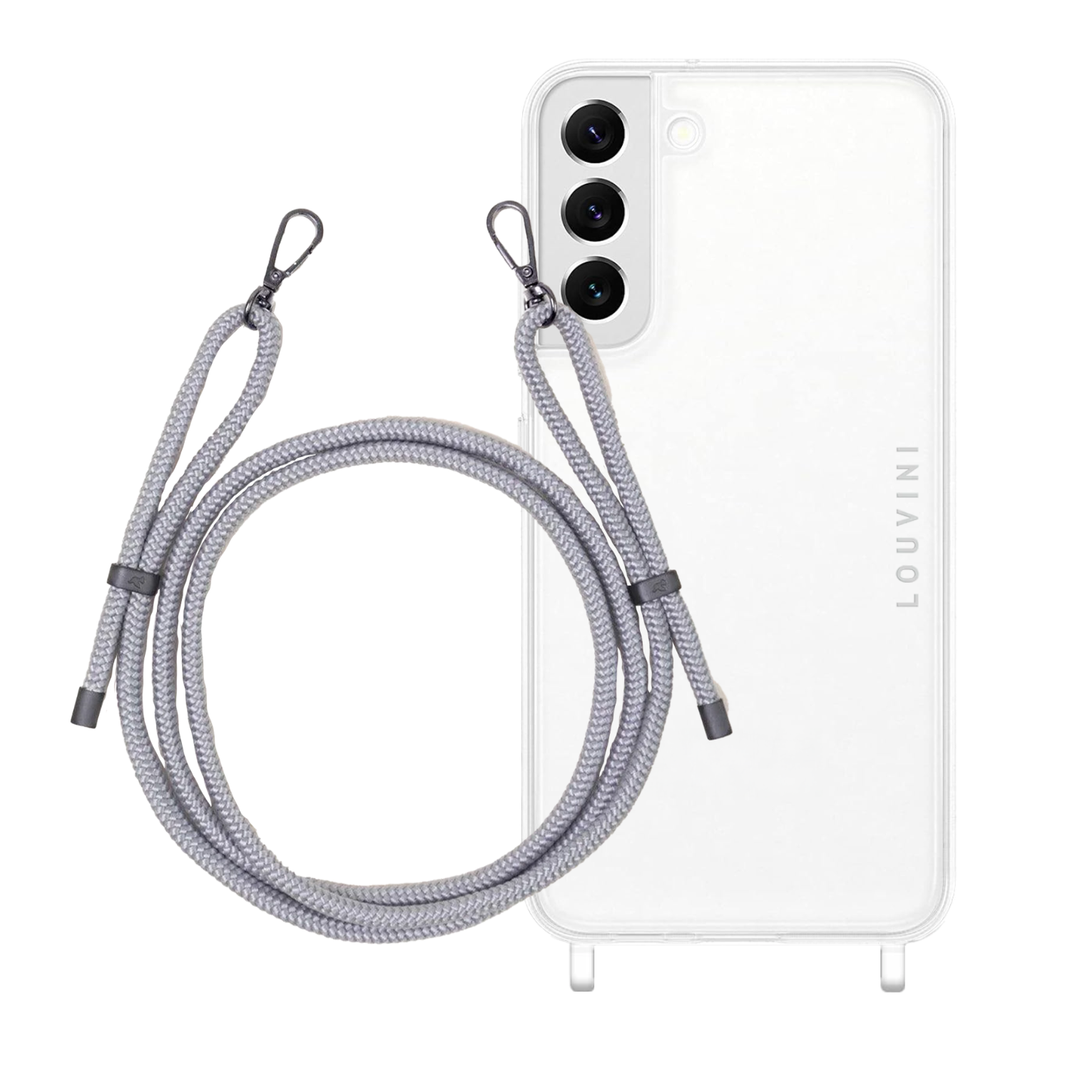 ensemble coque pour téléphone transparente avec cordon gris