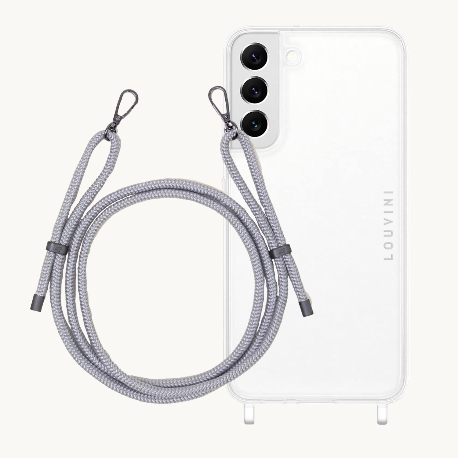 ensemble coque pour téléphone transparente avec cordon gris