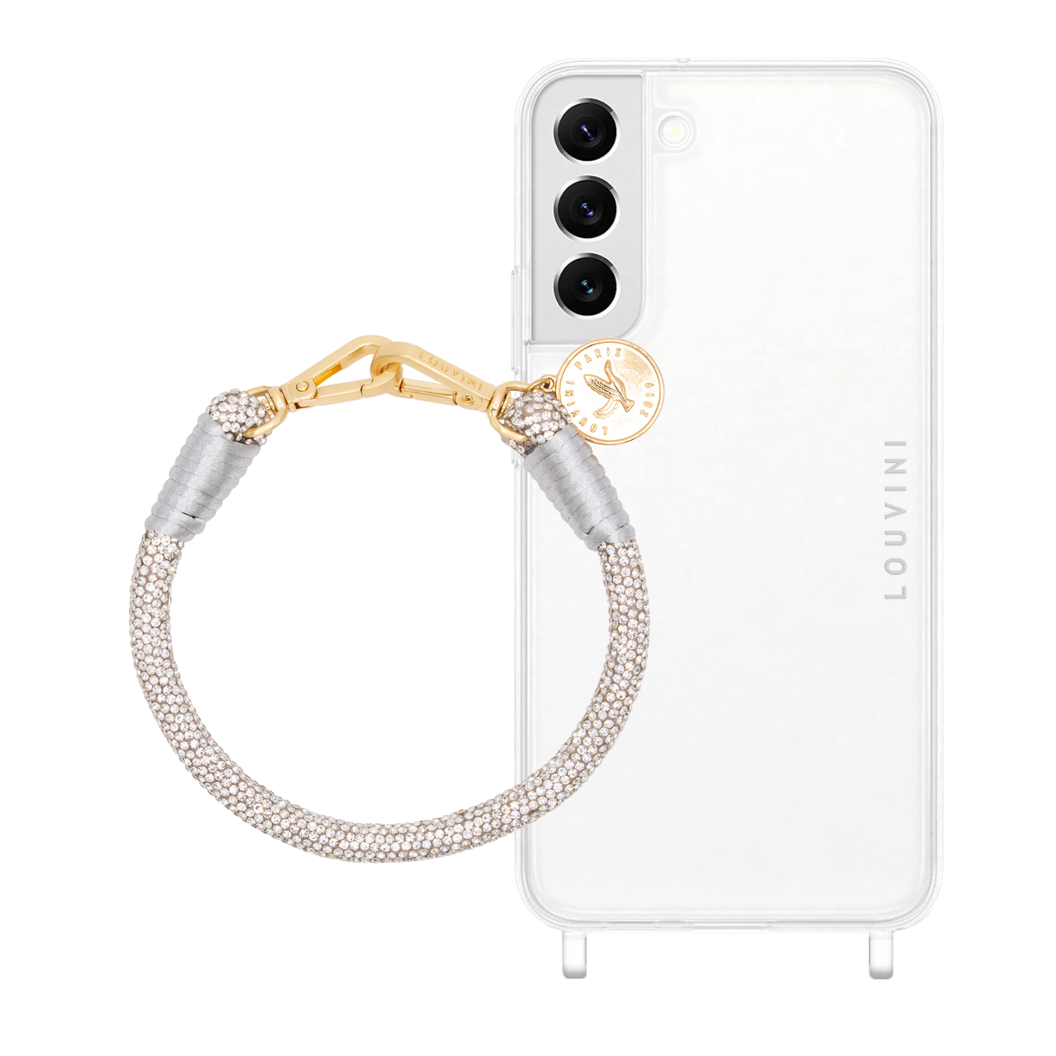 ensemble coque samsung et bracelet de téléphone argenté à strass