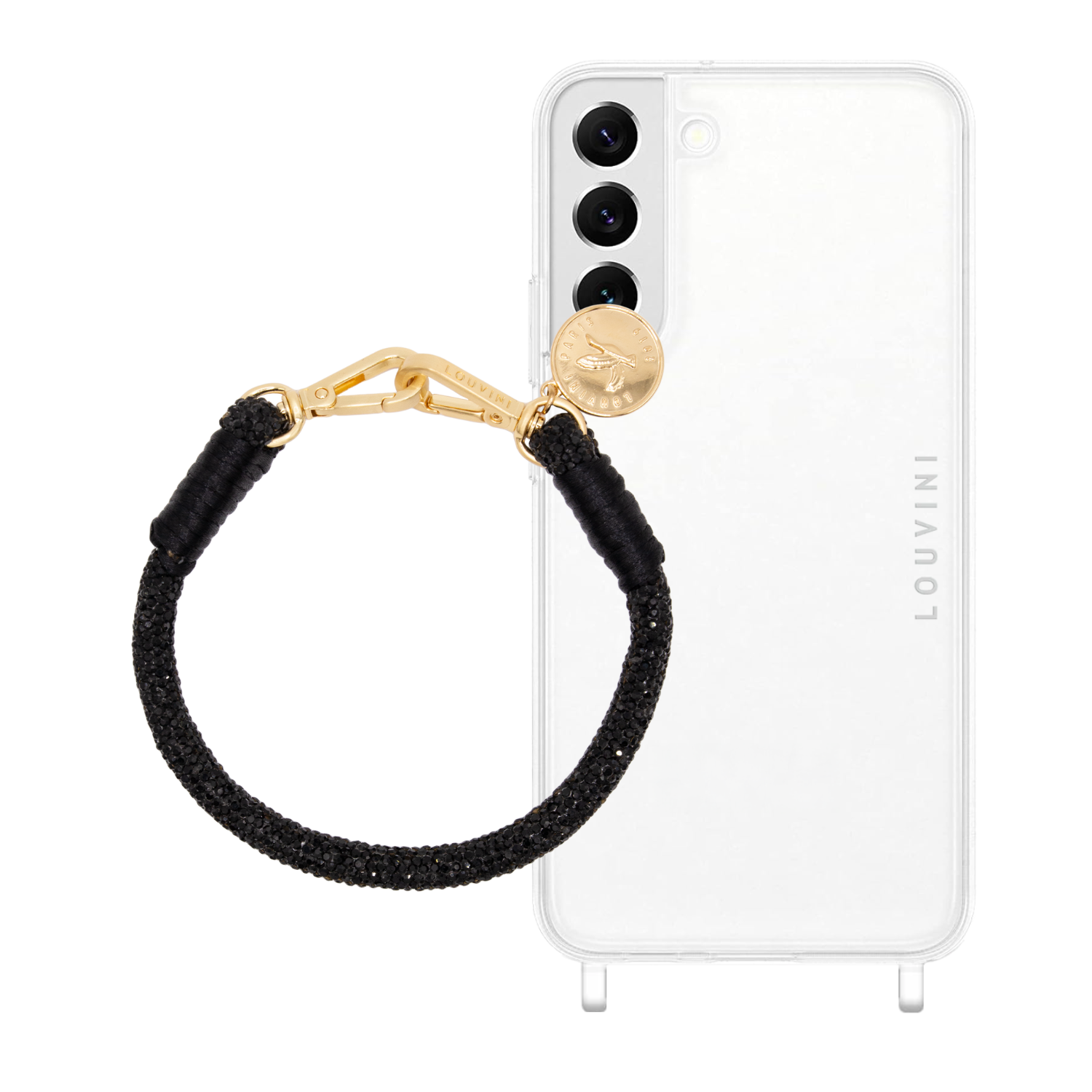 ensemble coque samsung et bracelet de téléphone noir à strass