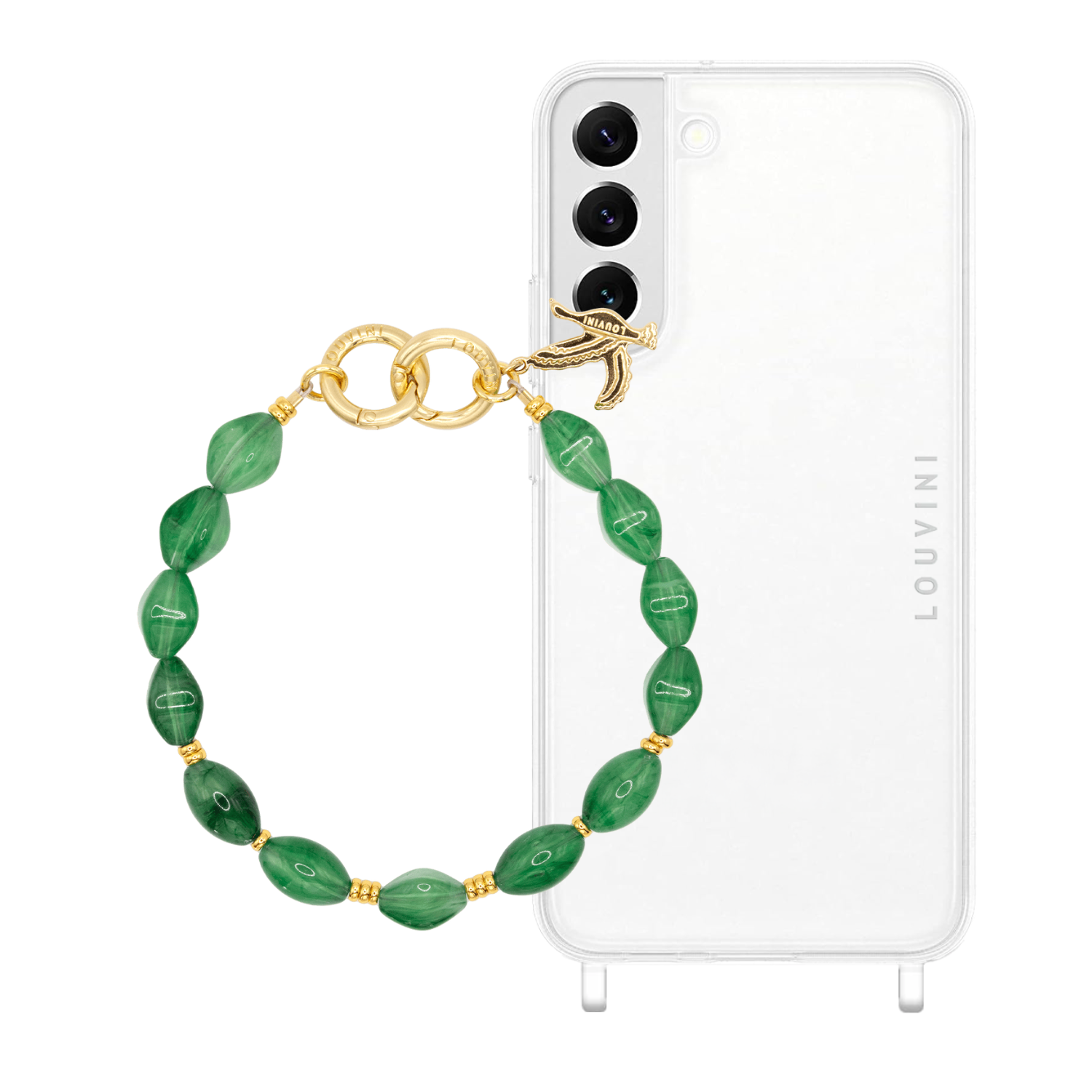 ensemble coque samsung et bracelet de téléphone en pierre vert