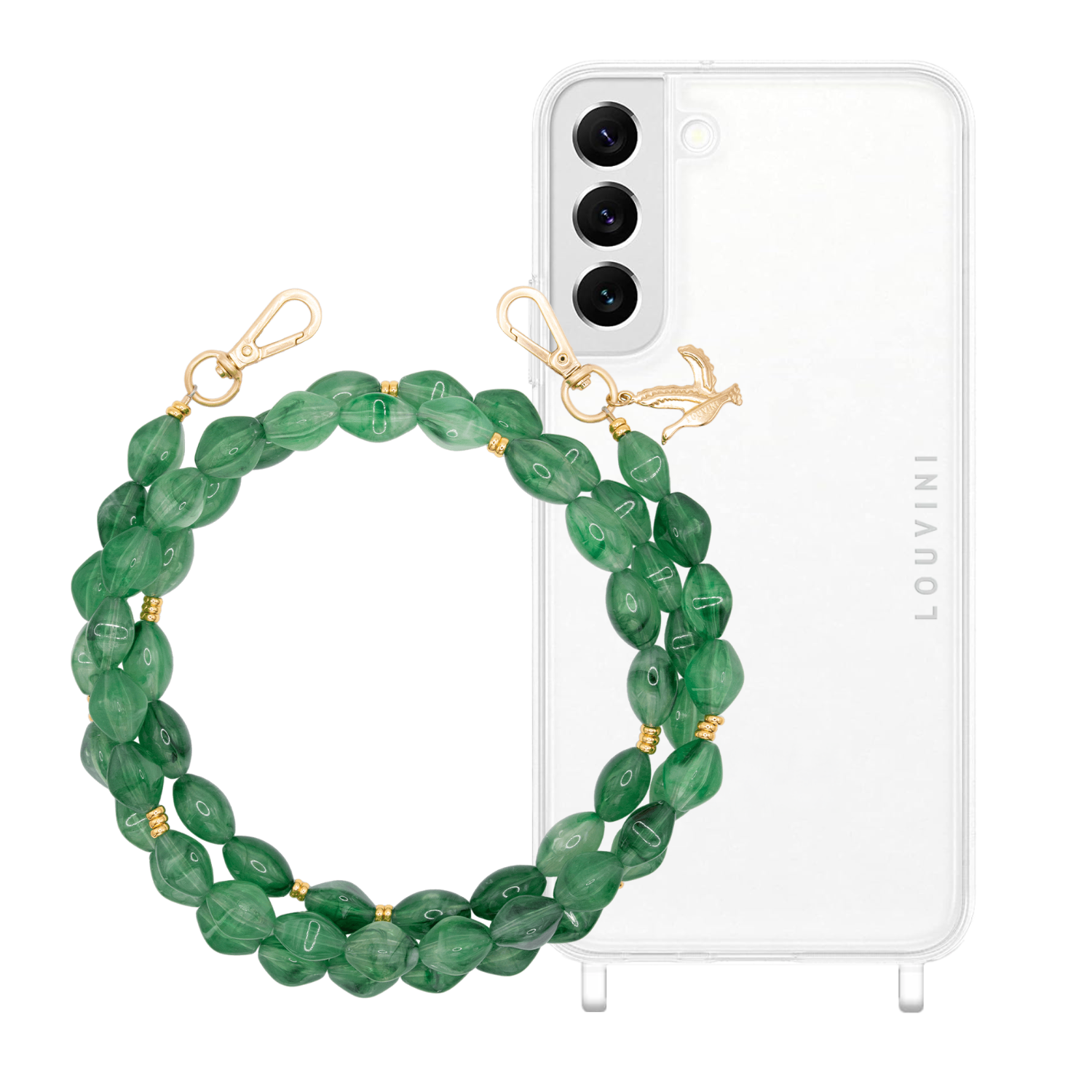 ensemble coque samsung et chaîne de téléphone en pierre vert