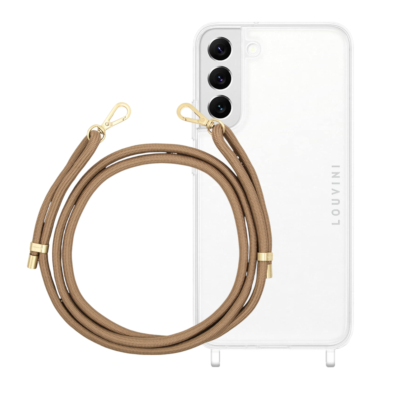 ensemble coque pour téléphone transparente et cordon camel
