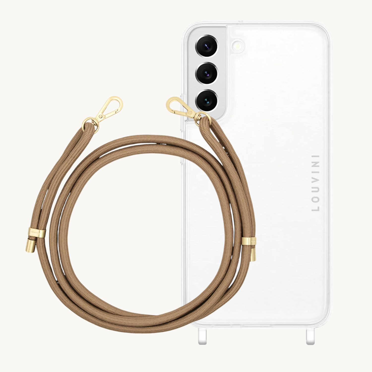 ensemble coque pour téléphone transparente et cordon camel