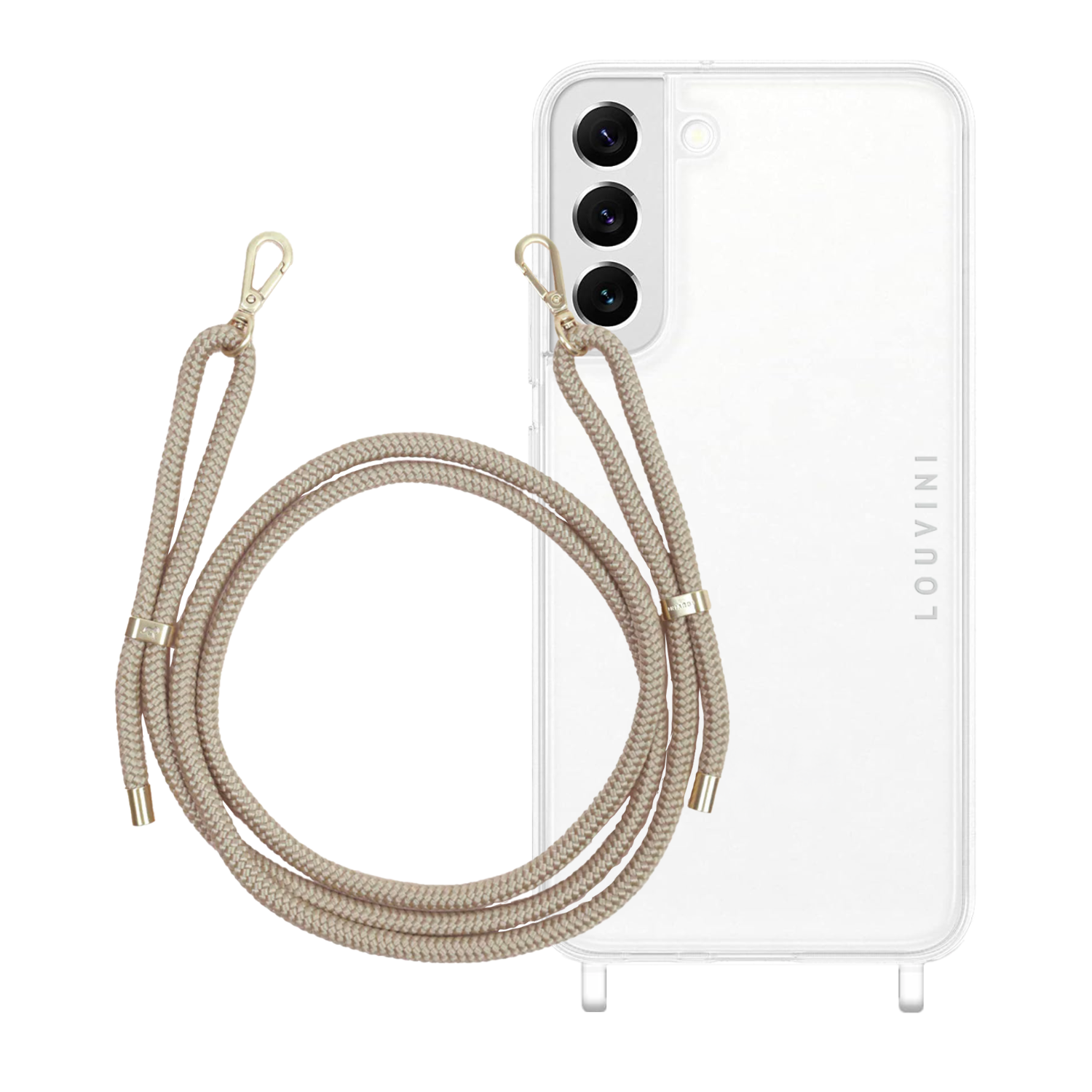 ensemble coque pour téléphone transparente et cordon sable