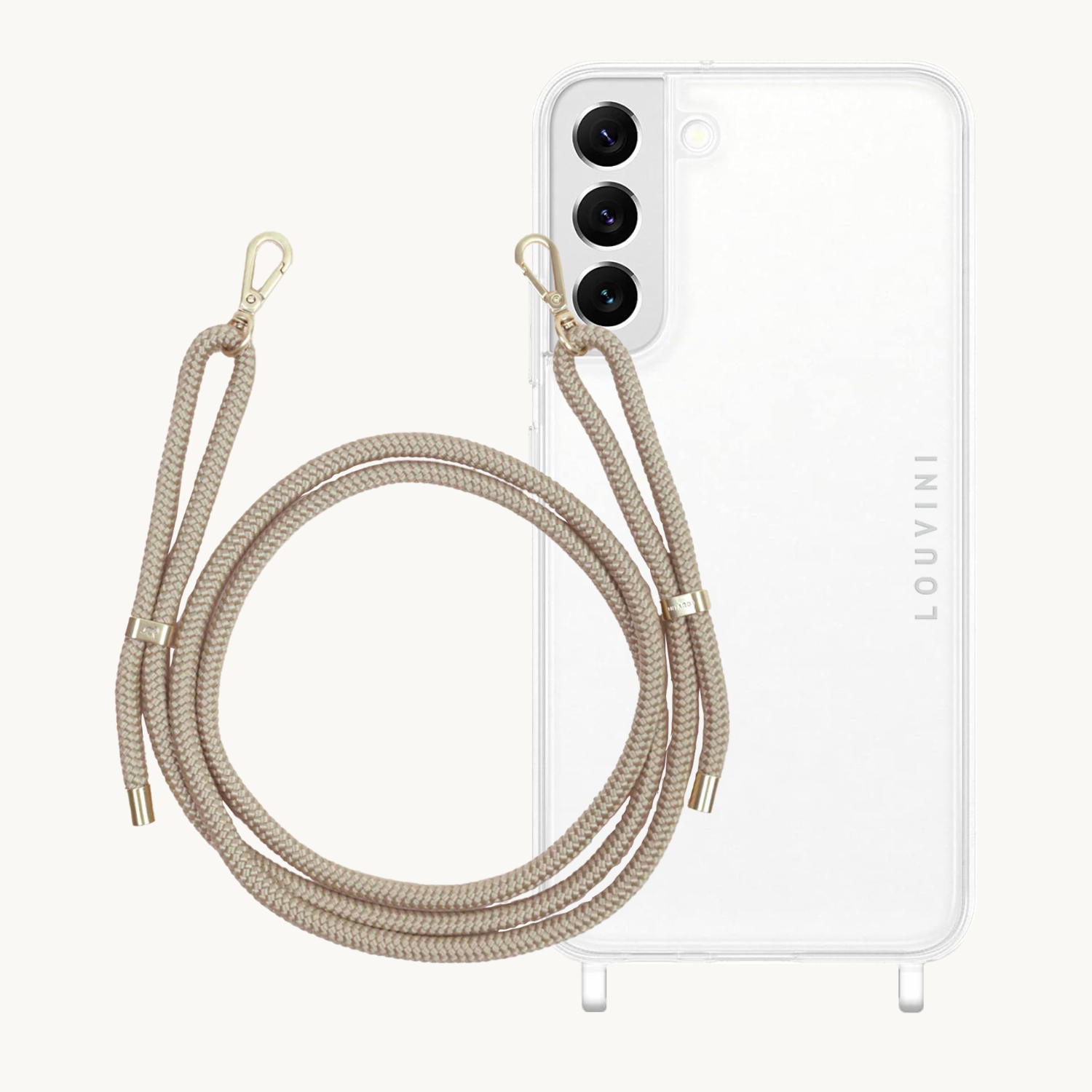 ensemble coque pour téléphone transparente et cordon sable